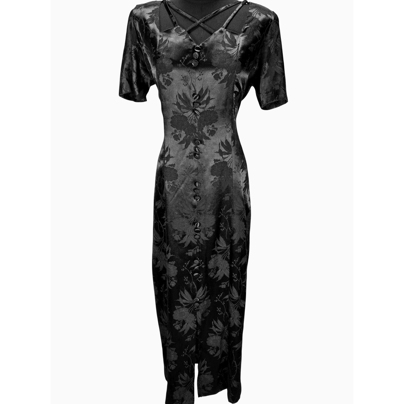 Women’s VTG Size 12 Black Floral Jacquard Strappy Maxi Dress Dark Romantic Goth