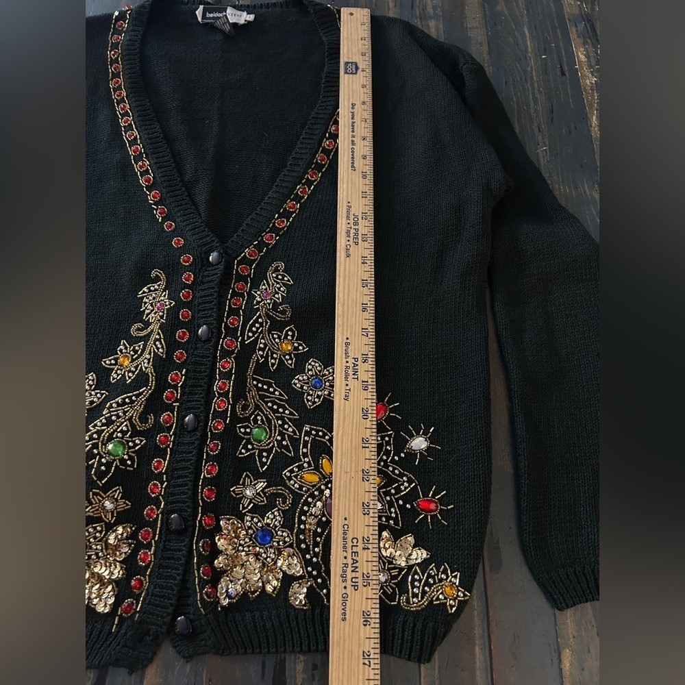 Vintage Black Beaded Sequin Gemstone Floral Cardigan Sweater Large Holiday