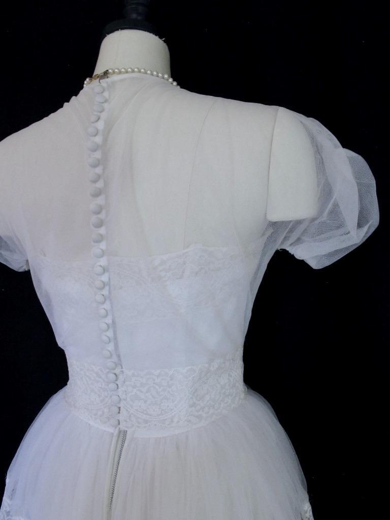 Vintage 50s Emma Domb White Tulle & Lace 2pc Wedding or Prom Dress Tiered Ruffle
