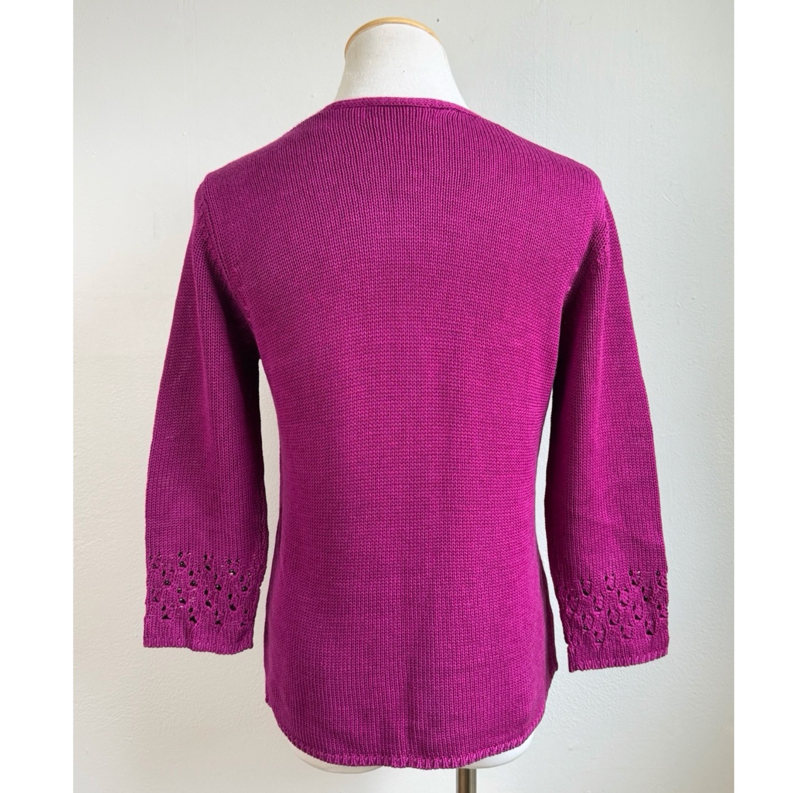 Vintage Knit Silk Cardigan Sweater Size Small 90s Magenta Purple 3/4 Sleeve