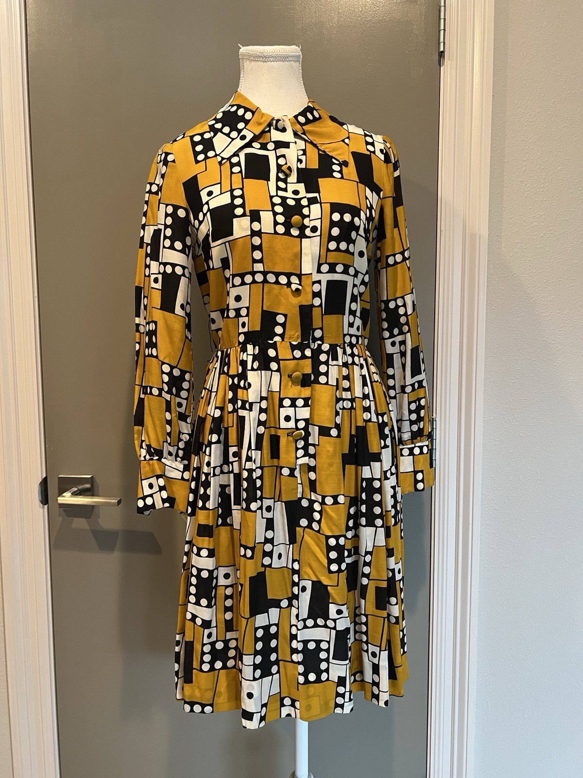 VTG 60’s Eve Le Coq Domino Print Rayon Fit & Flare Rayon Day Dress SM