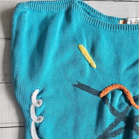 Vintage Chaus Turquoise Blue Abstract 3D Squiggle Knit Sweater Vest Top Medium