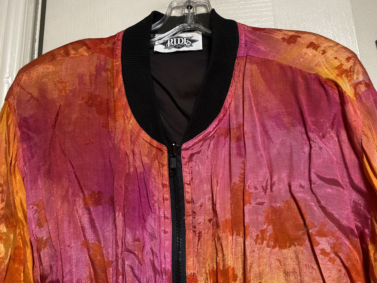 Vintage RIDE Rayon/Cotton Fuchsia Orange & Black Bomber Jacket W/Shoulder Pads