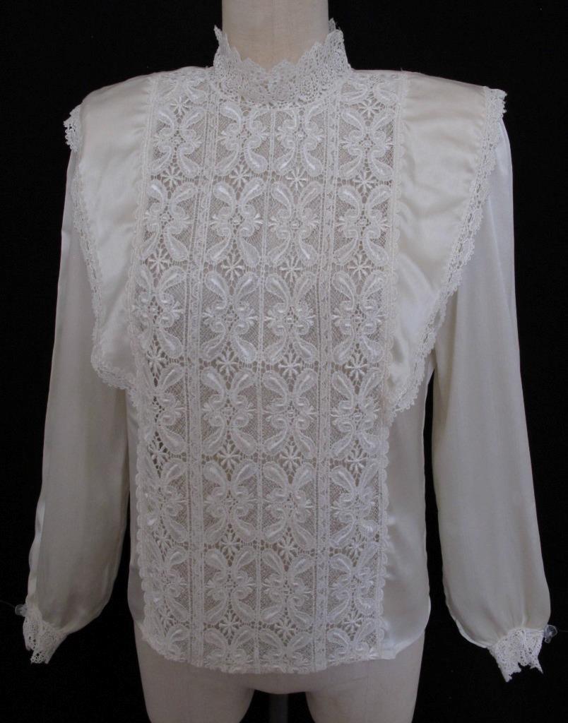 Vintage 80s 90s San Andre Ivory Romantic Blouse 6 S Lace Silky Liquid Satin