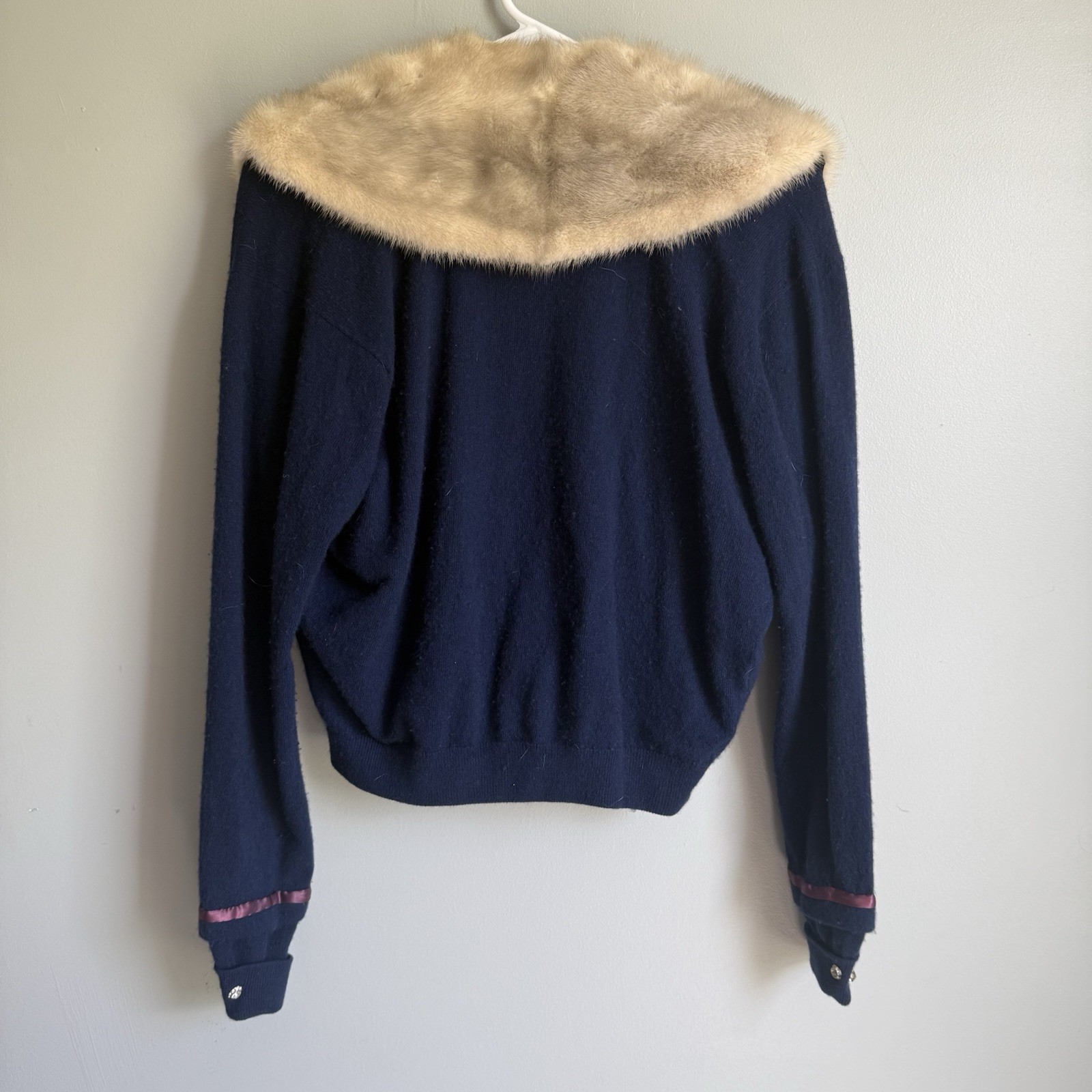 Vtg 1950’s Pringle of Scotland Cashmere Cardigan Mink Fur Collar Navy Womens S/M