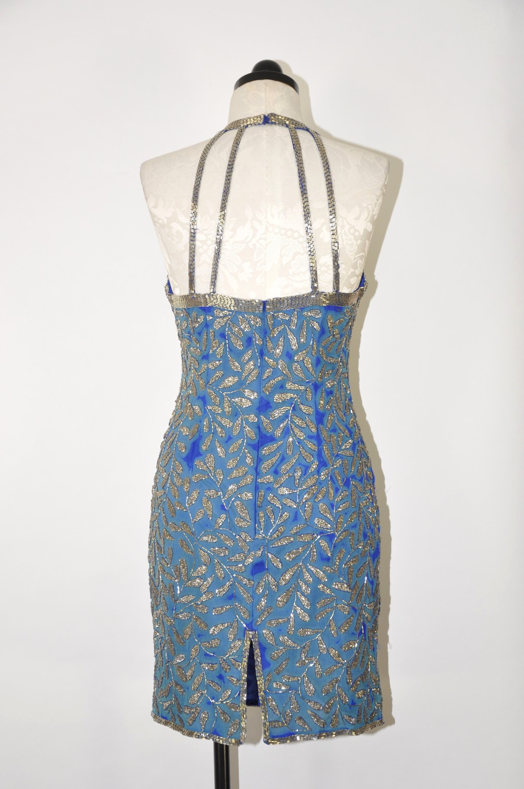 80s Vintage Blue Silk Silver Beaded Jeweled Leaves Backless Halter Mini Dress S
