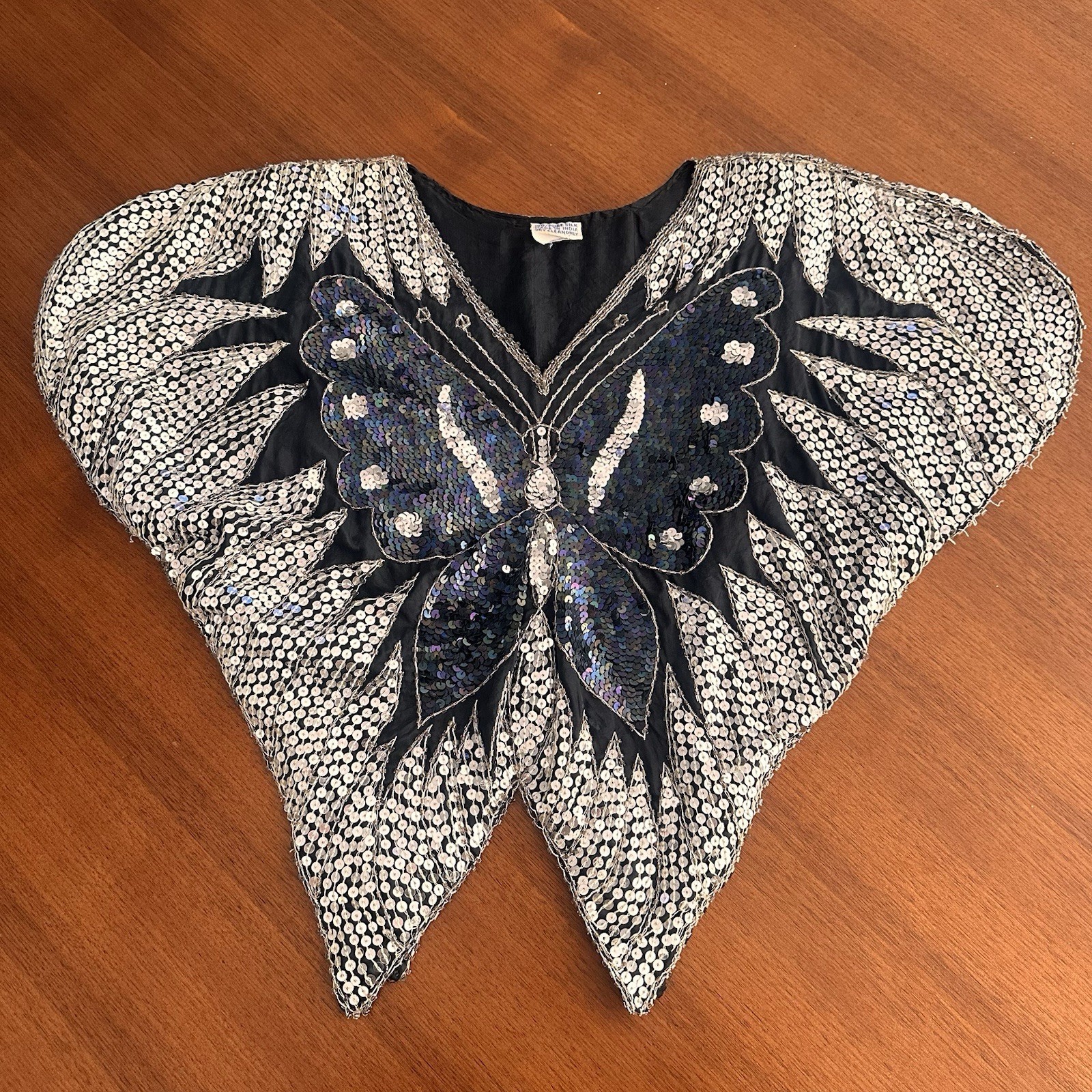Vintage Beaded Silk Sequin Silver and Black Butterfly Top 70s Disco