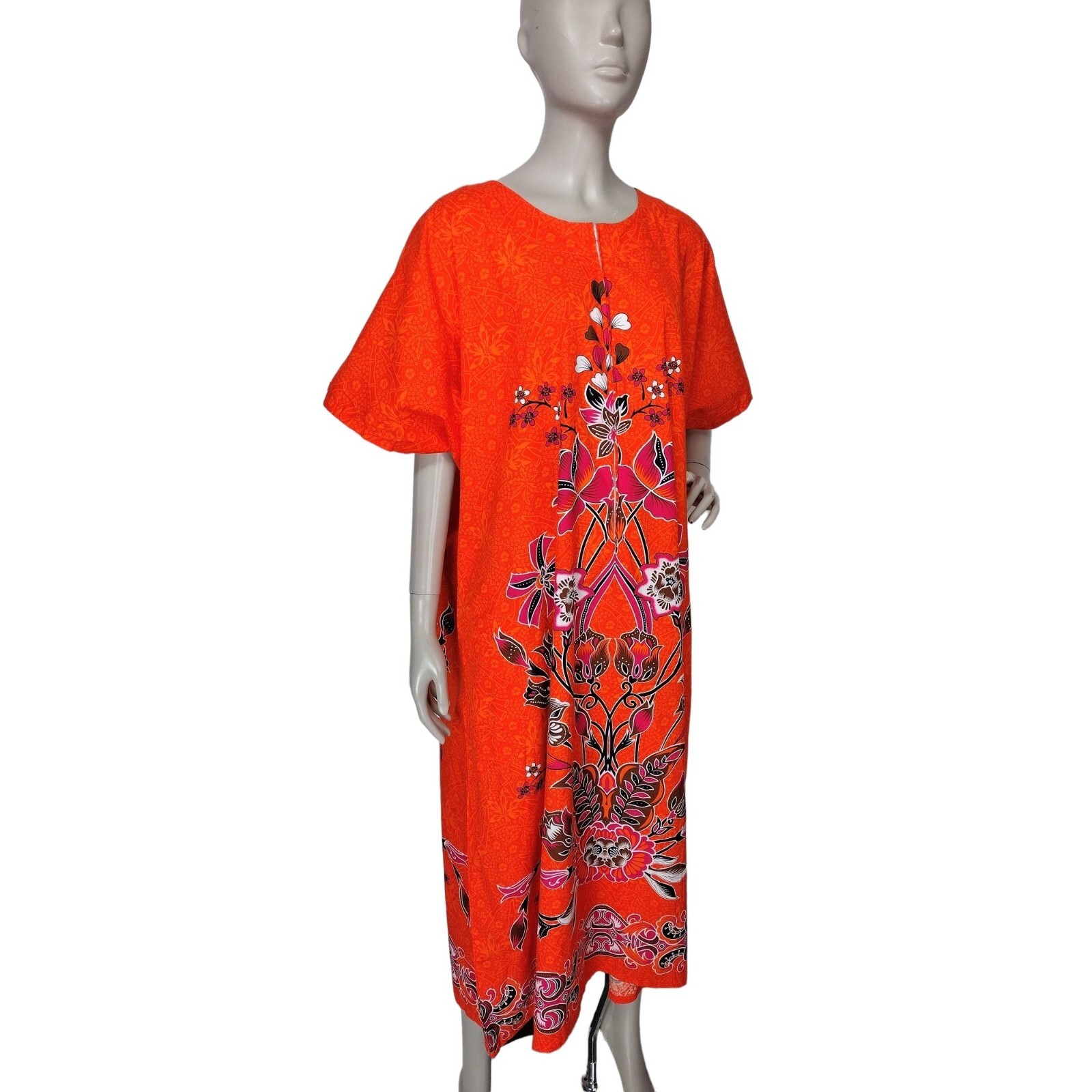 Hawaiian 90s Vintage Zip-Front Batik Orange Floral Muumuu Dress OSFM NWOT