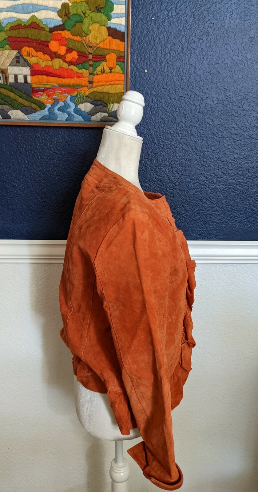 VTG Prosper & Devine Large Orange Leather Jacket Nautical Buttons Ruffle Medium