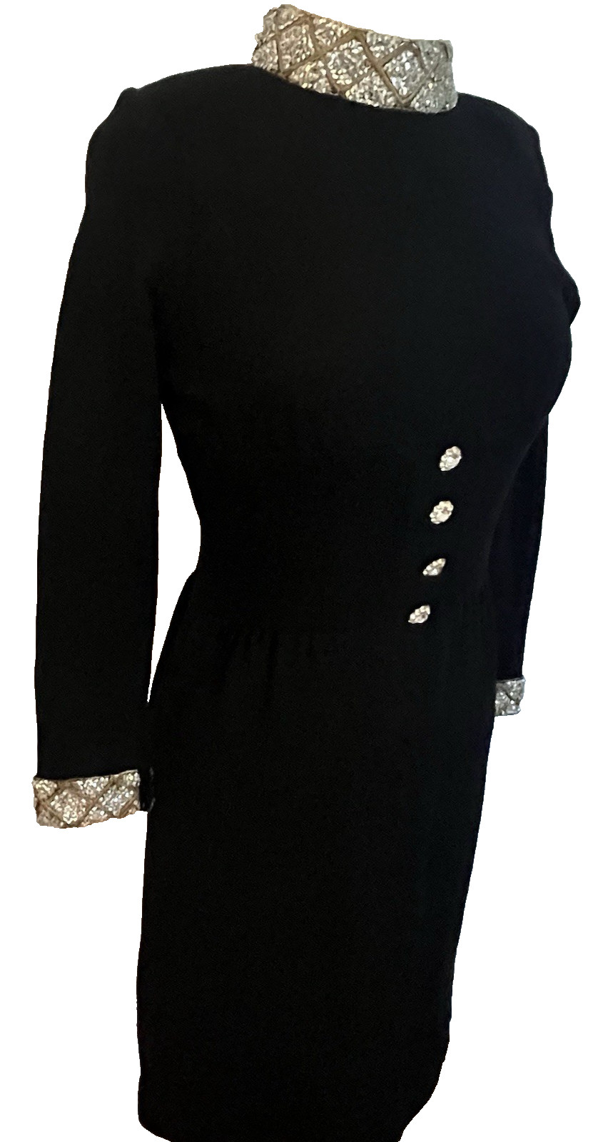 VTG 80’s Cocktail Dress Black Wool Knit Sz 2 DON SAYRES For Wellmore Embellished
