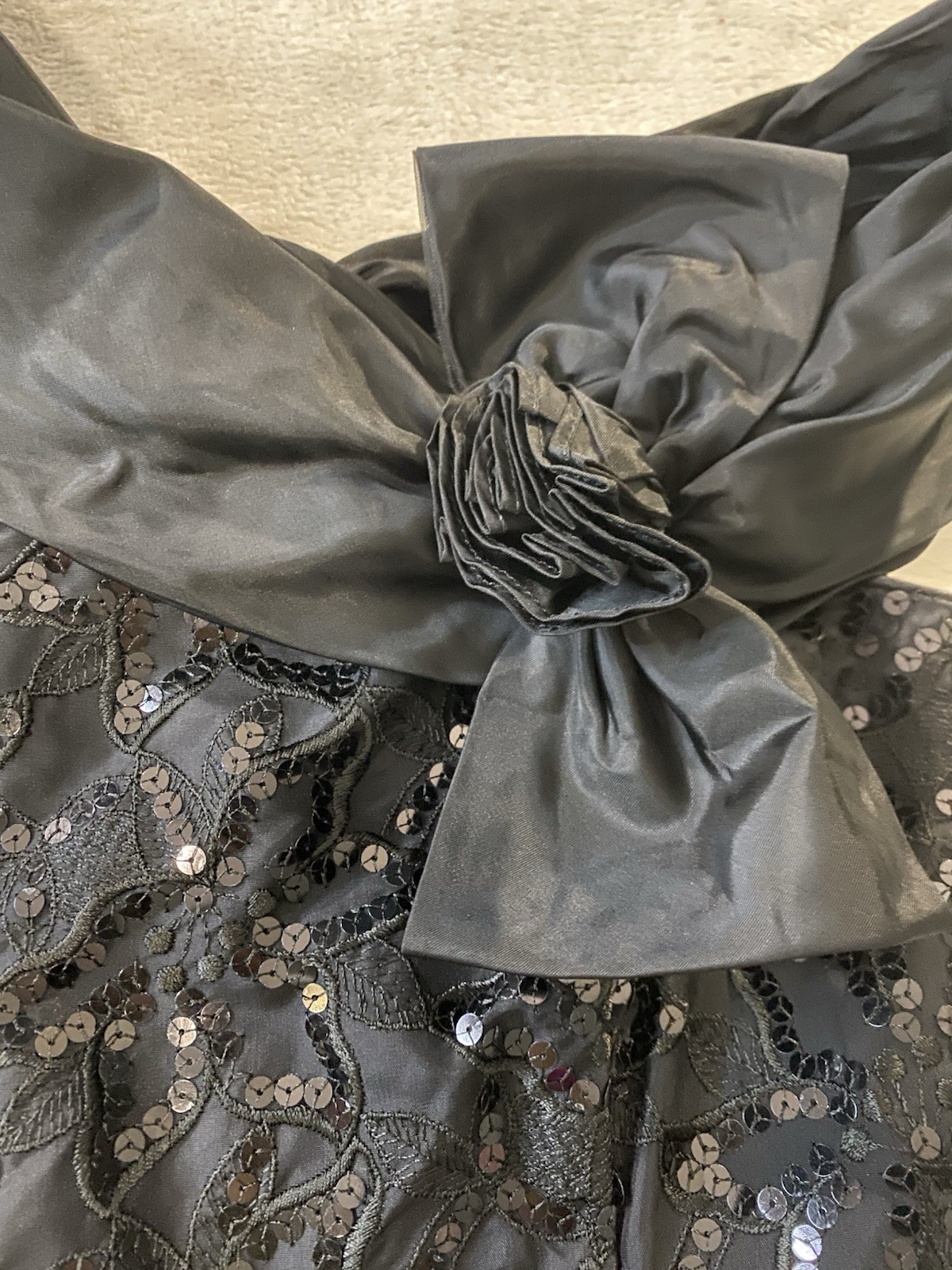VTG 80 Jessica McClintock Gunne Sax Black Sequin Party Dress 13 Bow Off Shoulder