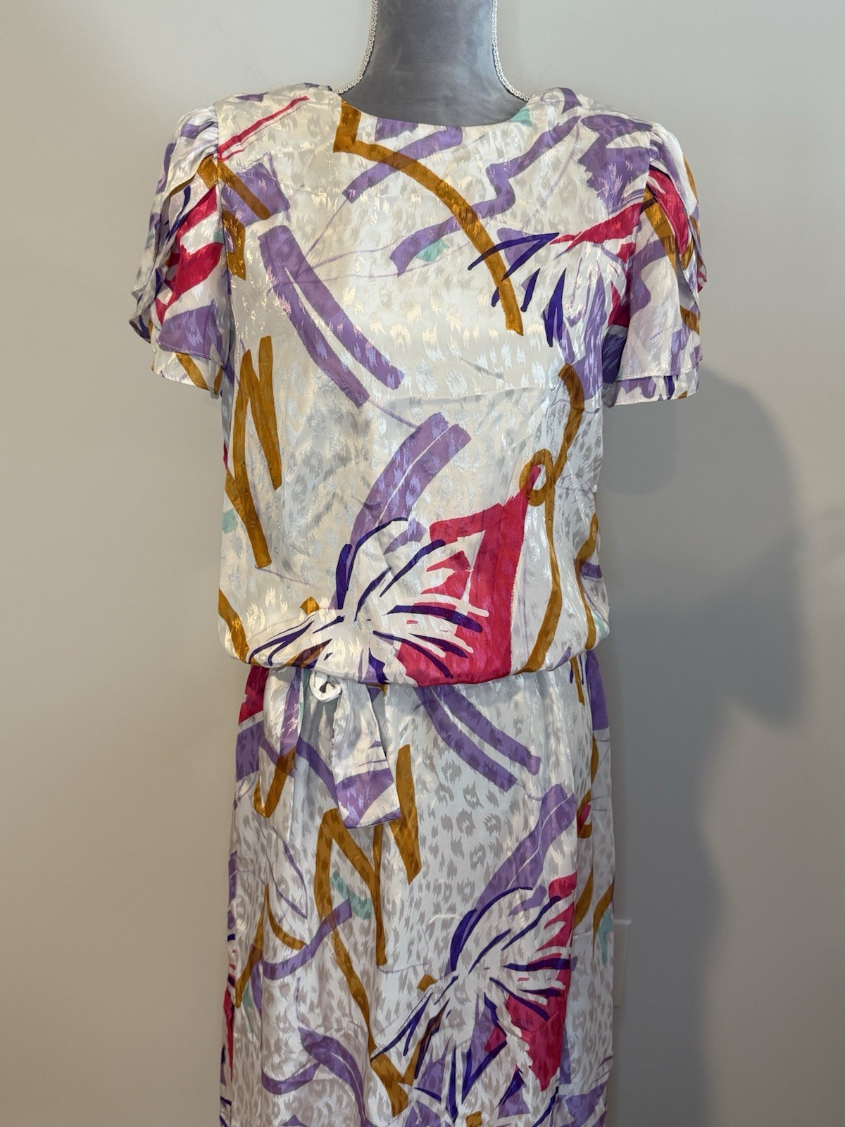 Vintage 80s Silky Flowy Floral Polyester Midi Dress Sz 10 Career Golden Girls