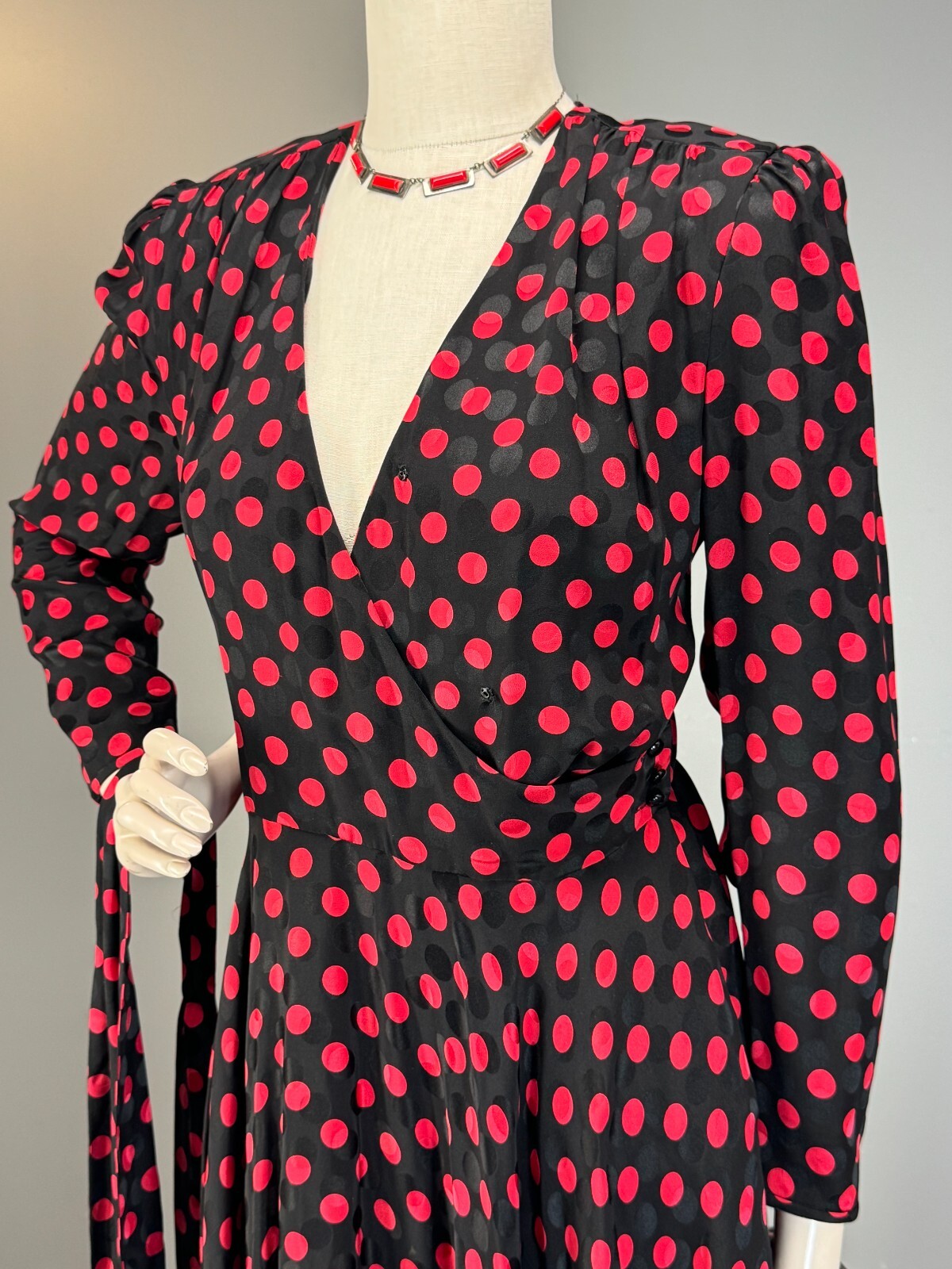 80s Silk Designer Wrap Shirt Dress Albert Nipon Polka Dot Red Black 200+ sweep!!