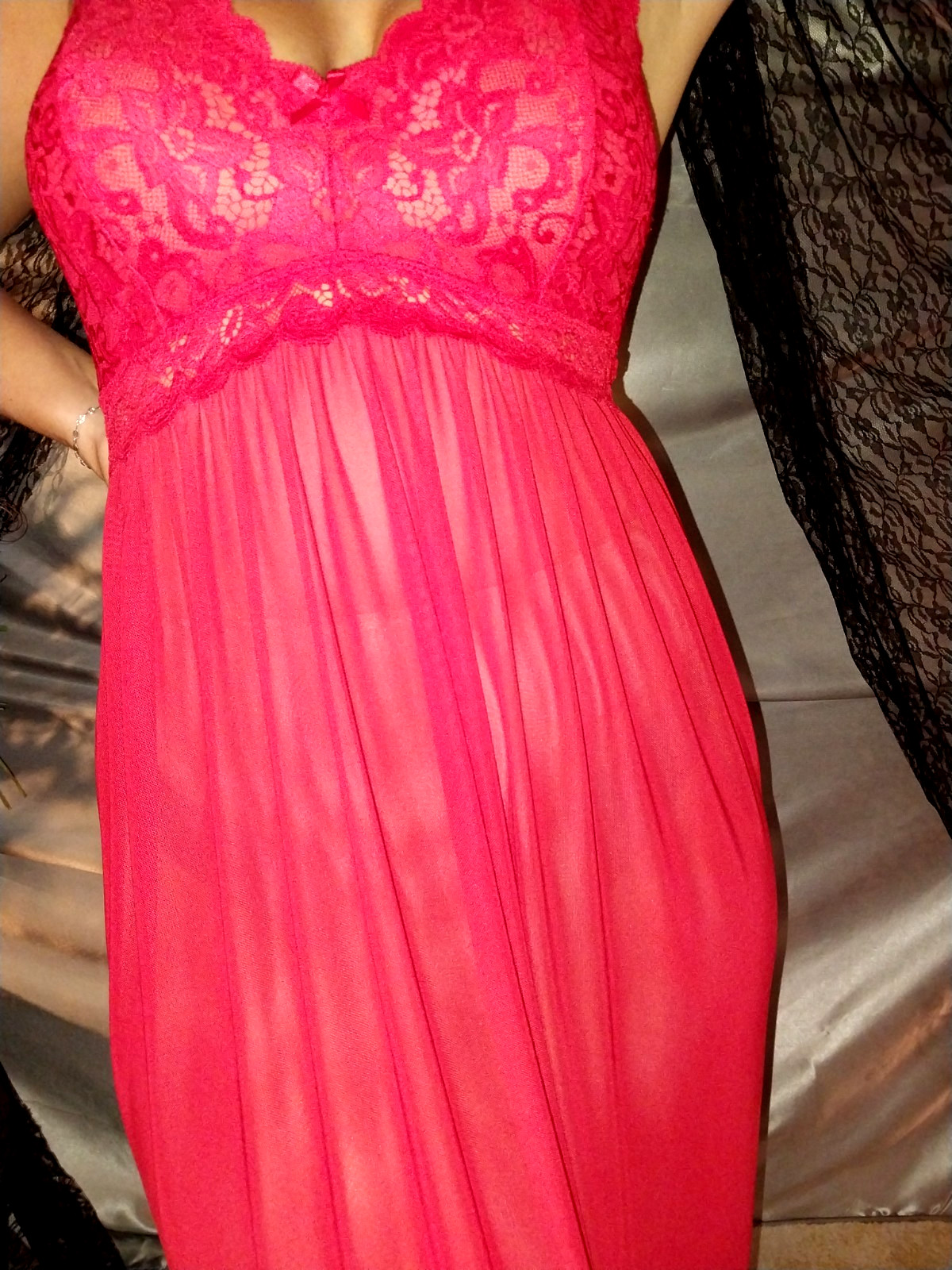 VTG SILKY SPANDEX SHEER OPAQUE NIGHTGOWN GOWN S/M 40″ LACY NIGHTIE