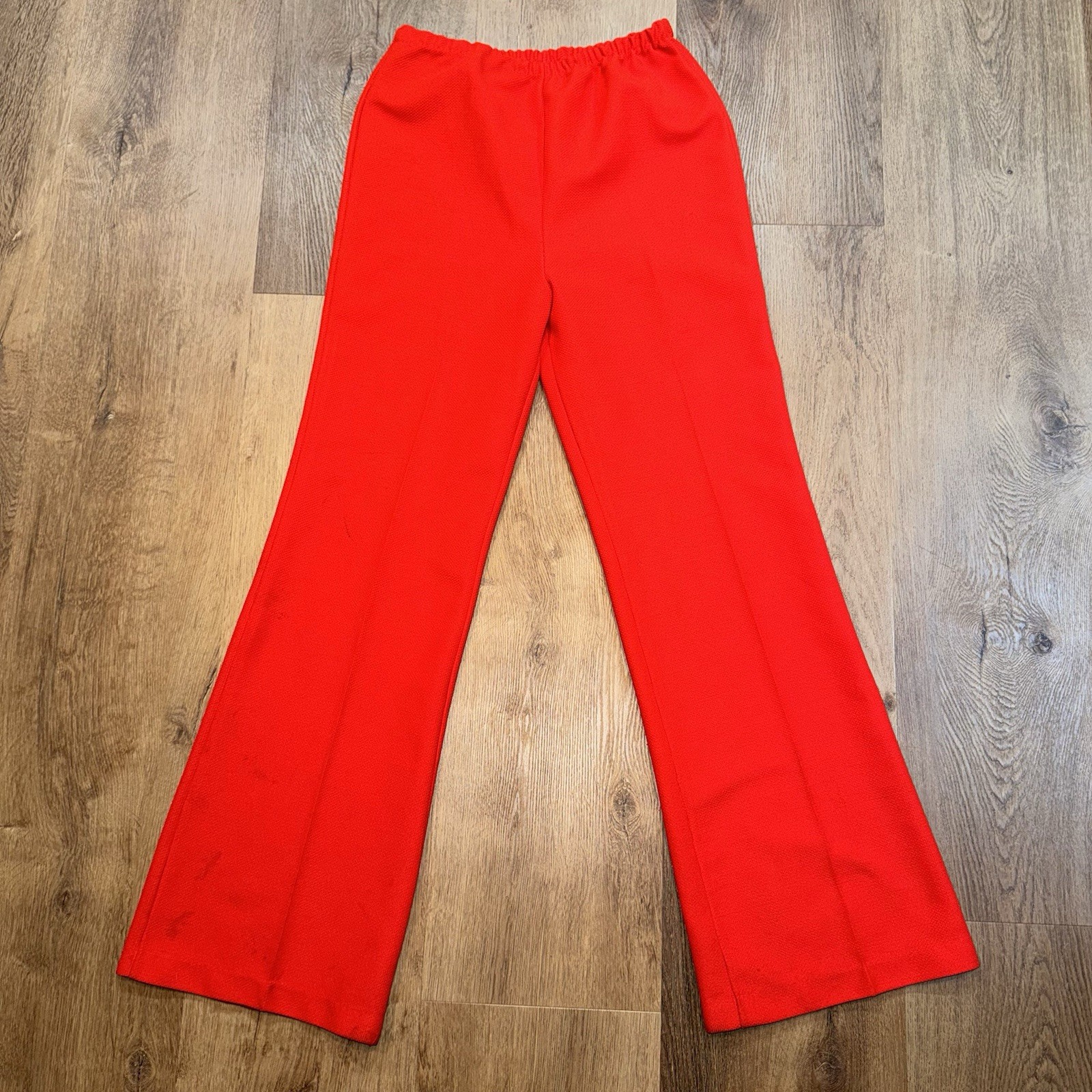 Vtg 60s 70s Bell Bottom Pants Womens 12 Tomato Red Stretch Polyester Hippy Disco