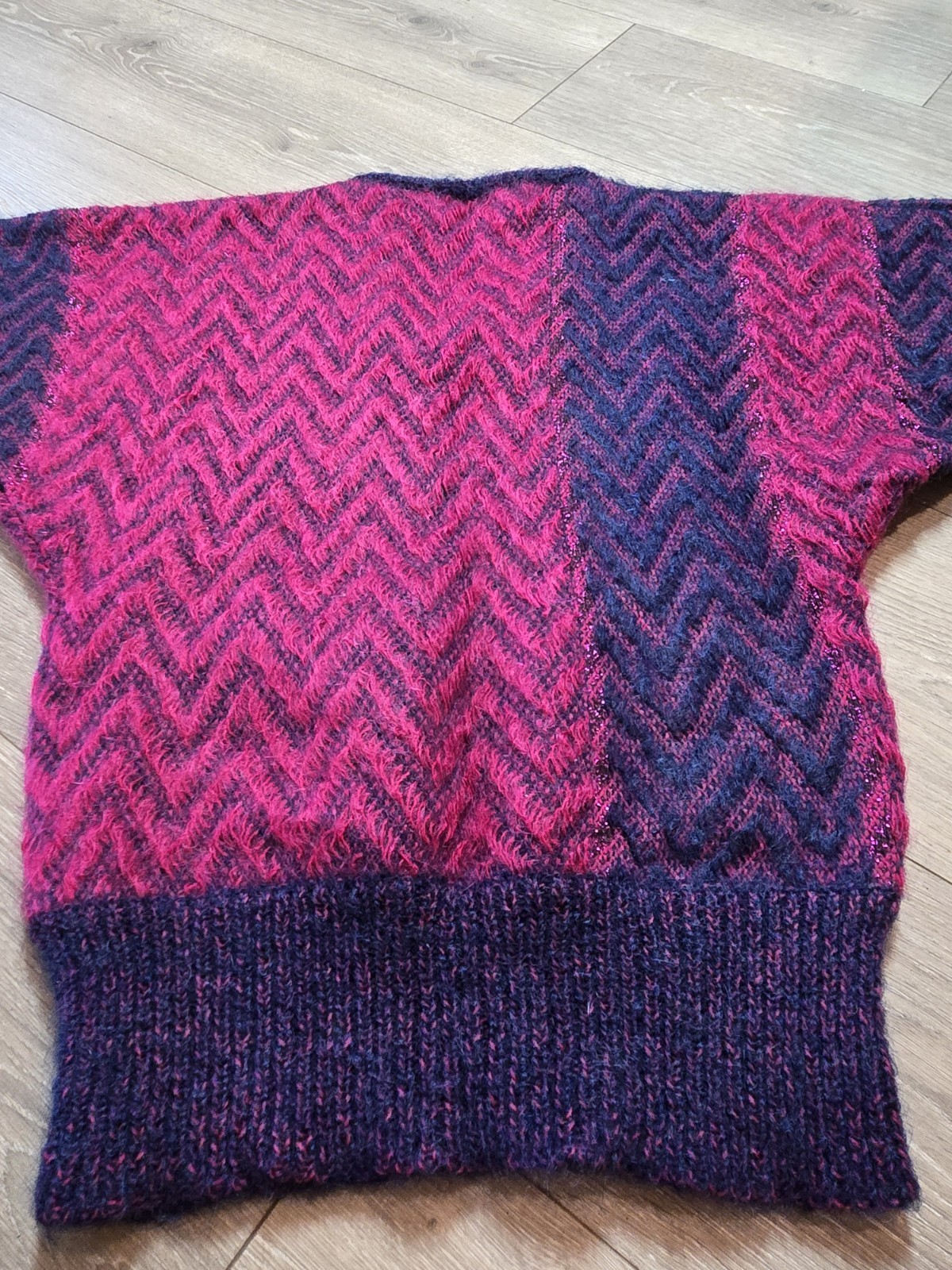 Vintage LeRoy Knitwear Wool Lurex Metallic Pink & Blue MCM Sweater Small Chevron