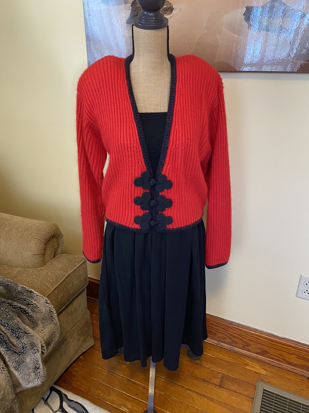VTG 80s Liz Claiborne Red Black silk angora sweater Carol Little wool skirt S￼/M