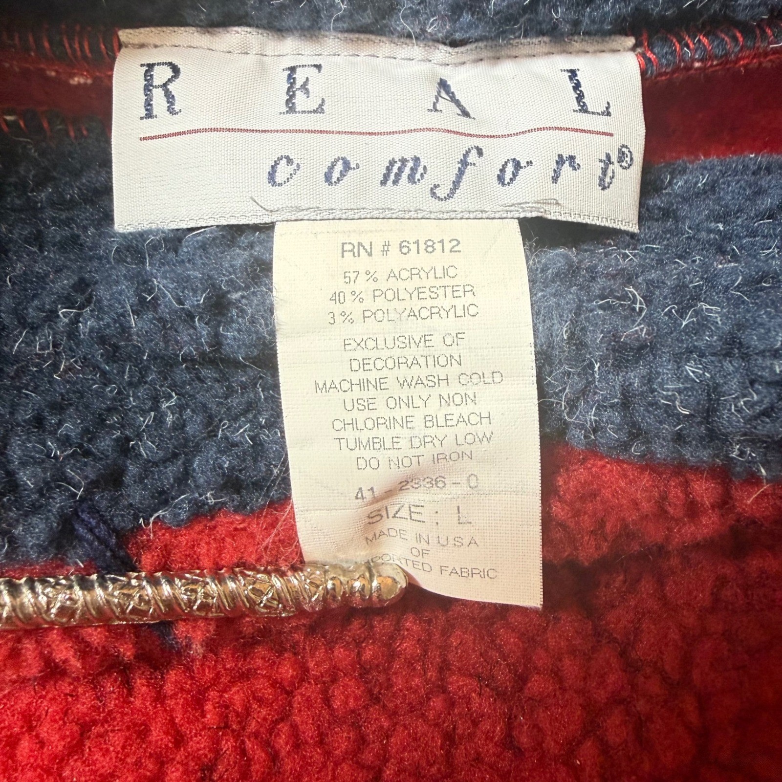 Vintage Real Comfort USA Fleece Pullover L Red Navy Americana Flag Mock Neck