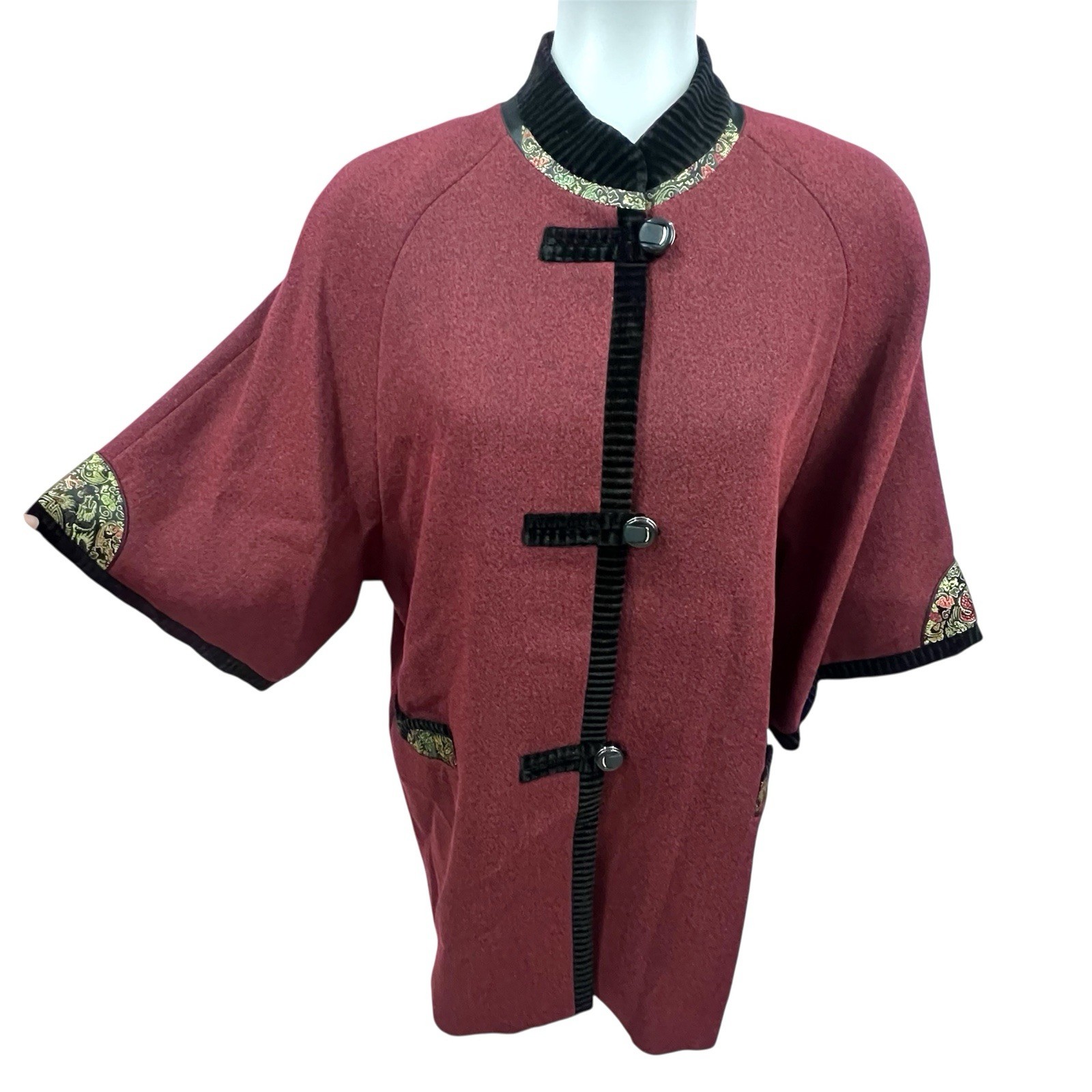Vintage Asian Mandarin Collar Satin Brocade Velvet Kimono Blazer Cape Jacket