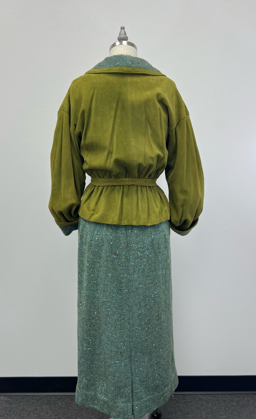 1960s VTG Leathervane Bonnie Cashin Designs 2pc Suit Pea Green Suede & Turq Wool
