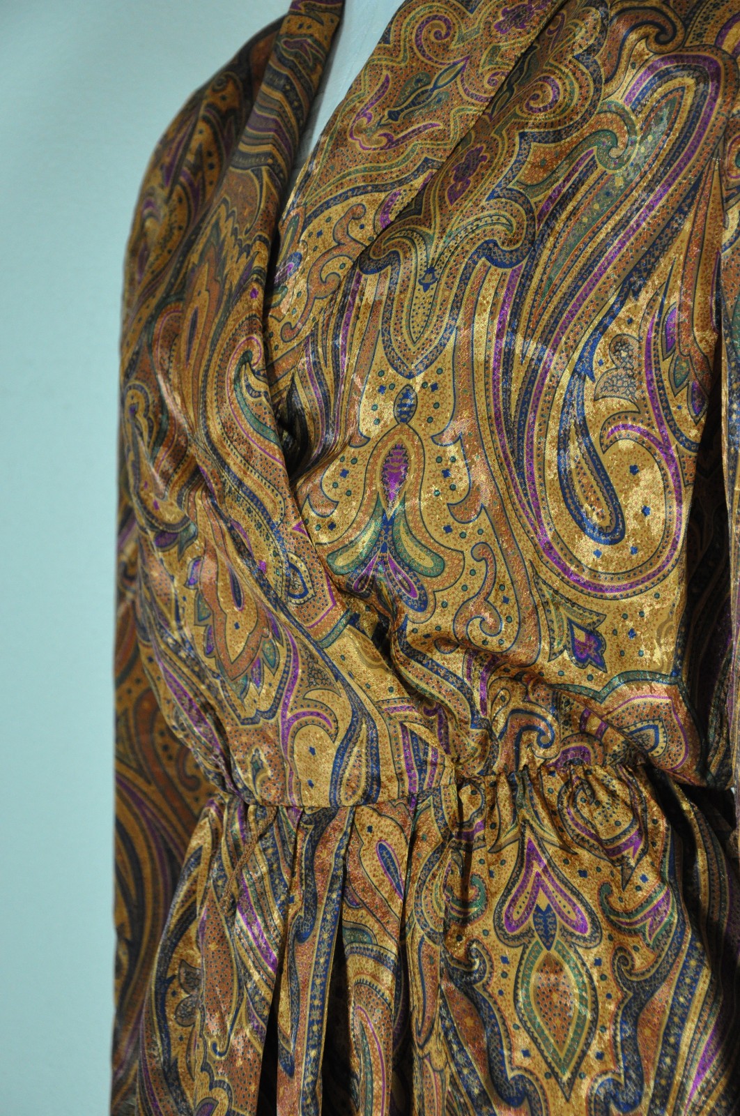 80s Vintage Spice Brown Silky Charmeuse Paisley Strong Shoulder Dress Women S M
