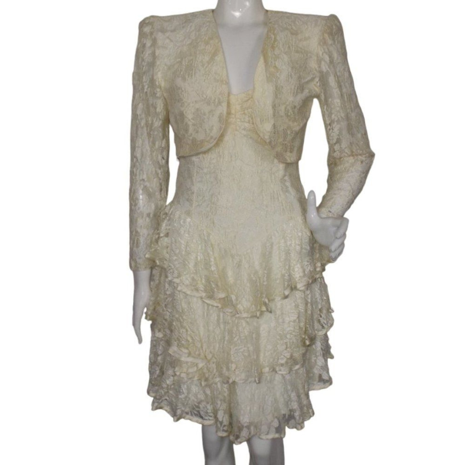 Vintage 80s NUANCE Dress/Jacket Set, XS, Lace, Yellowed, Ruffle Skirt, Bolero