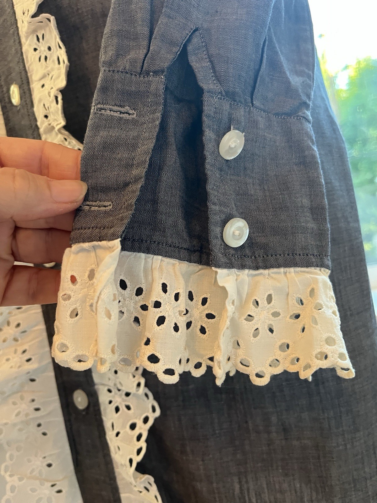Vintage Shirt Dress Dandy Lace Ruffle Tuxedo Eyelet 60’s Chic S 4 Gray White