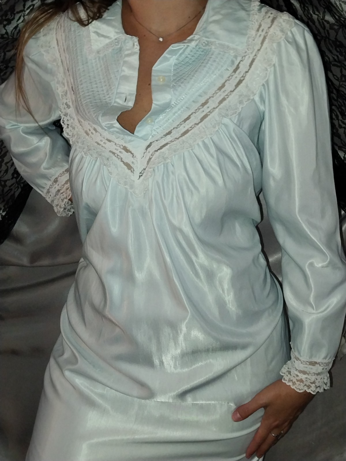 80S SATIN SHINY MINT ANASTASIA NIGHTGOWN VICTORIAN NIGHTGOWN EMBRD GOWN SEARS 42