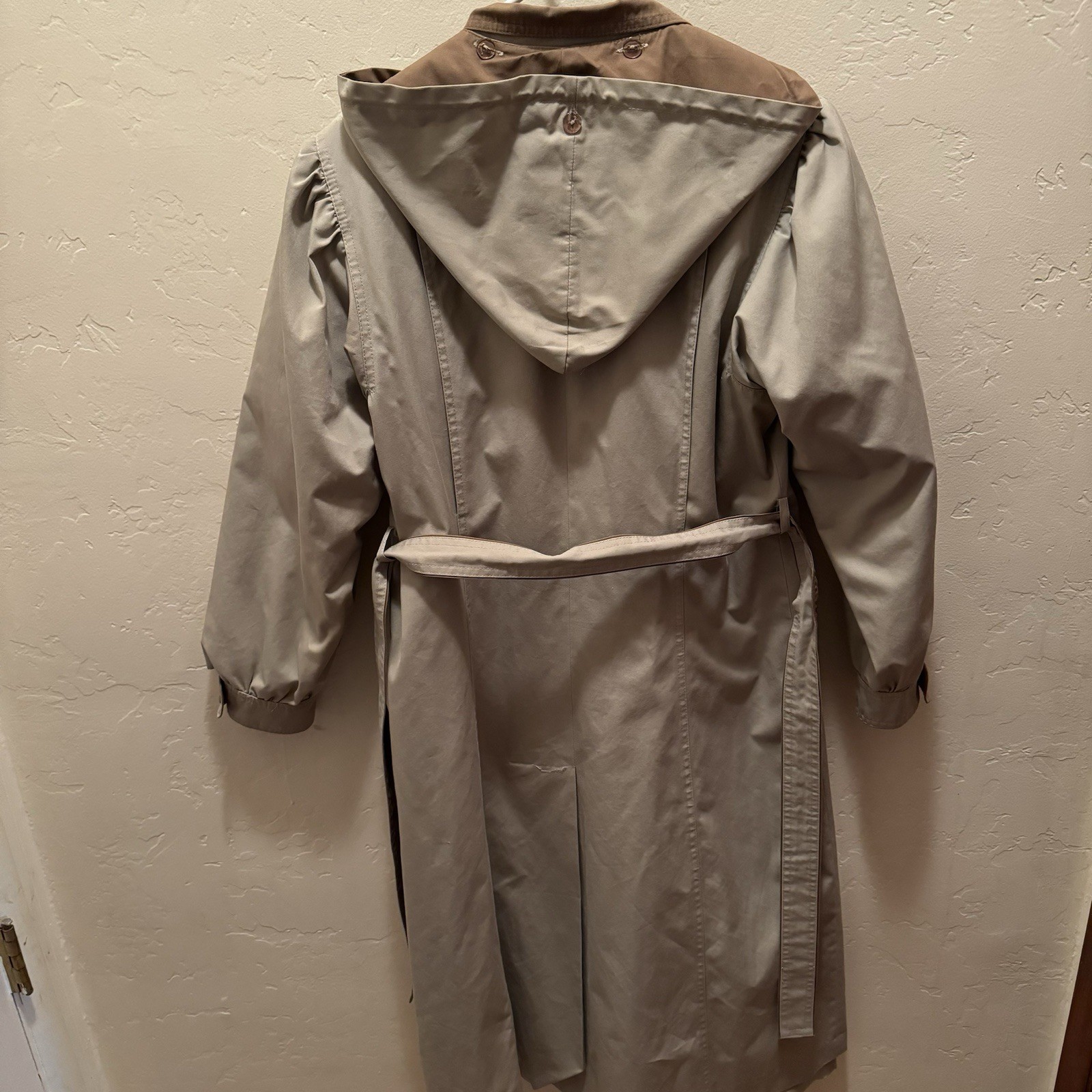 Vtg Trench Coat Maxi Tan Pockets Removable Hood/Lining (Wool Blend) GDT TOO