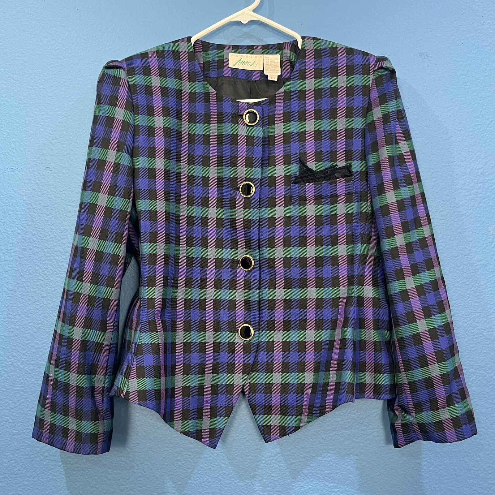 Vintage Fashion Attitudes Bright Plaid Polyester Blend Blazer Women 16 (Large)