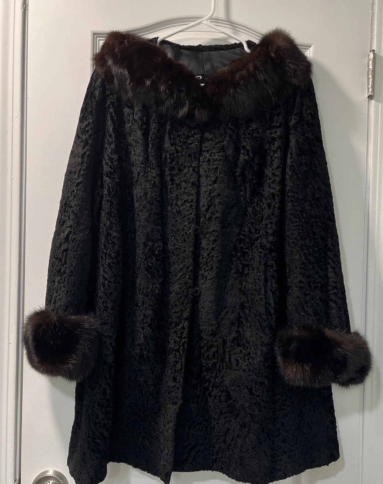 Vintage Persian Lamb Coat Mink Collar Large Black Brown Curly Lamb Old Money