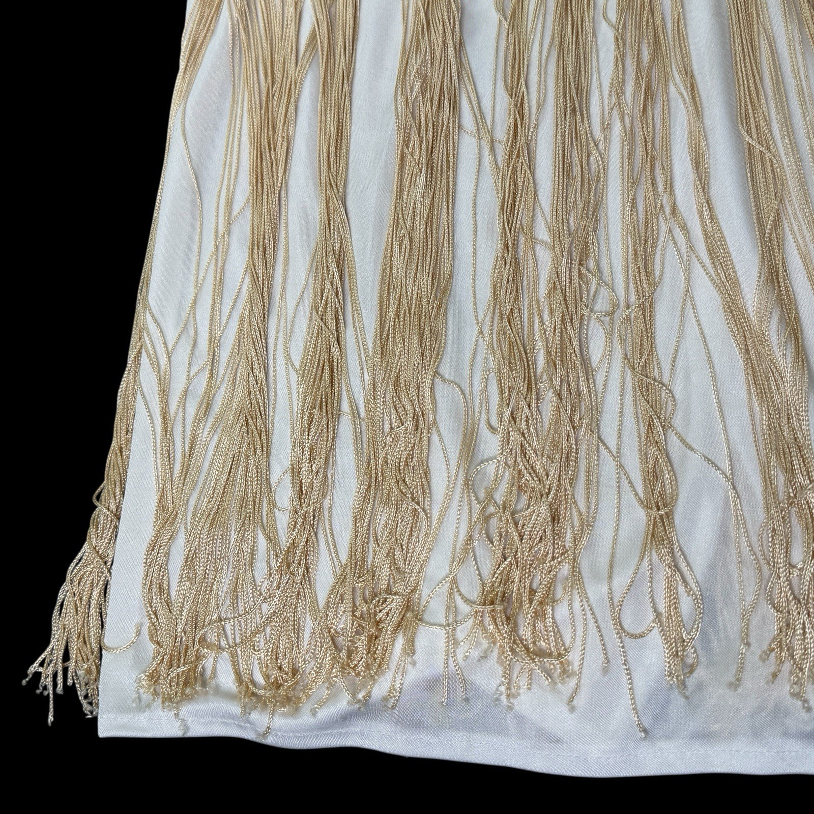 Vintage Filigree California Disco Fringe Cocktail Dress White Gold VNeck Sz 14