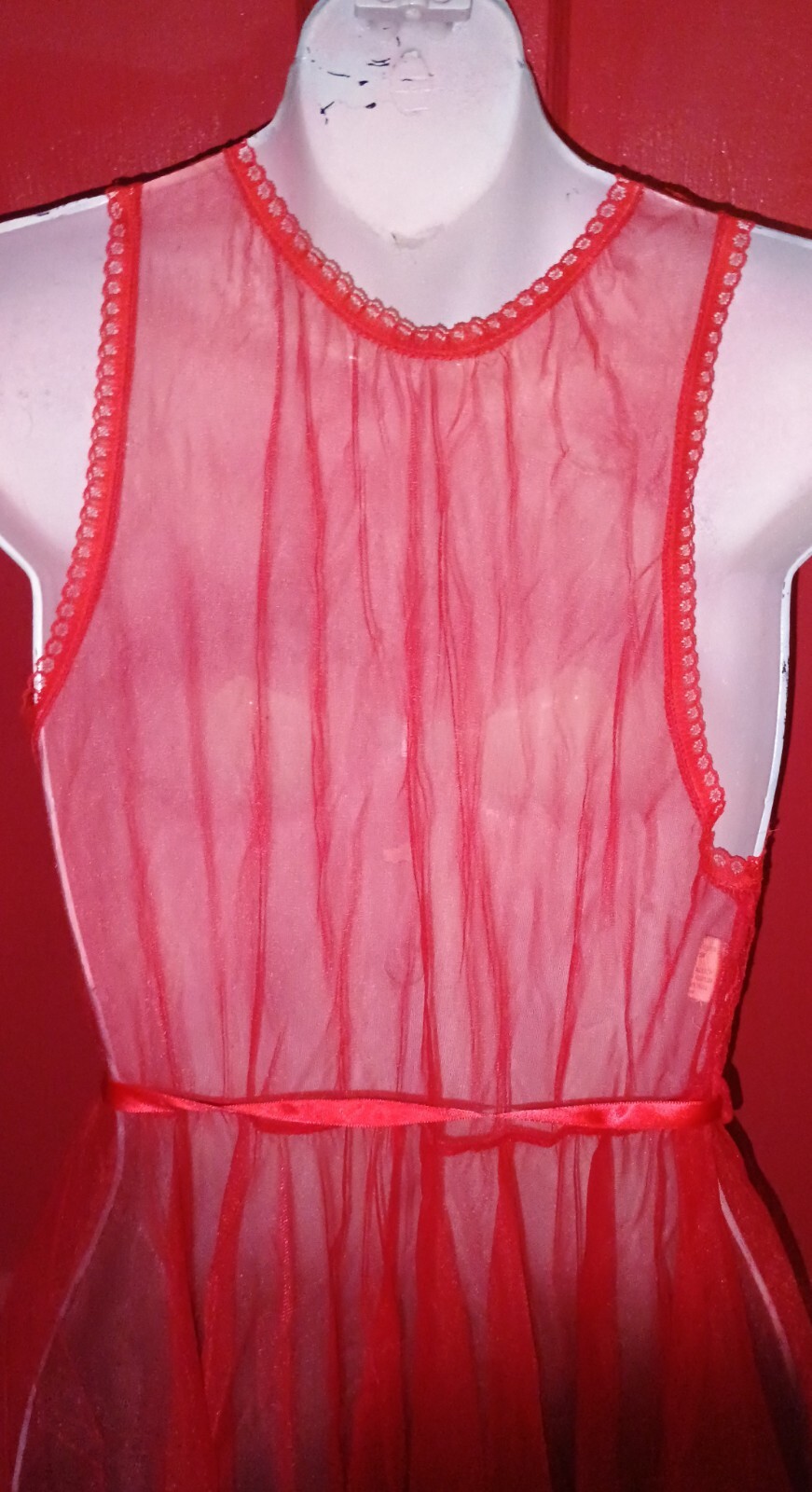 Vintage Spotlight Nightgown Sheer Nylon Chiffon Red Handkerchief Hem Sz S/M