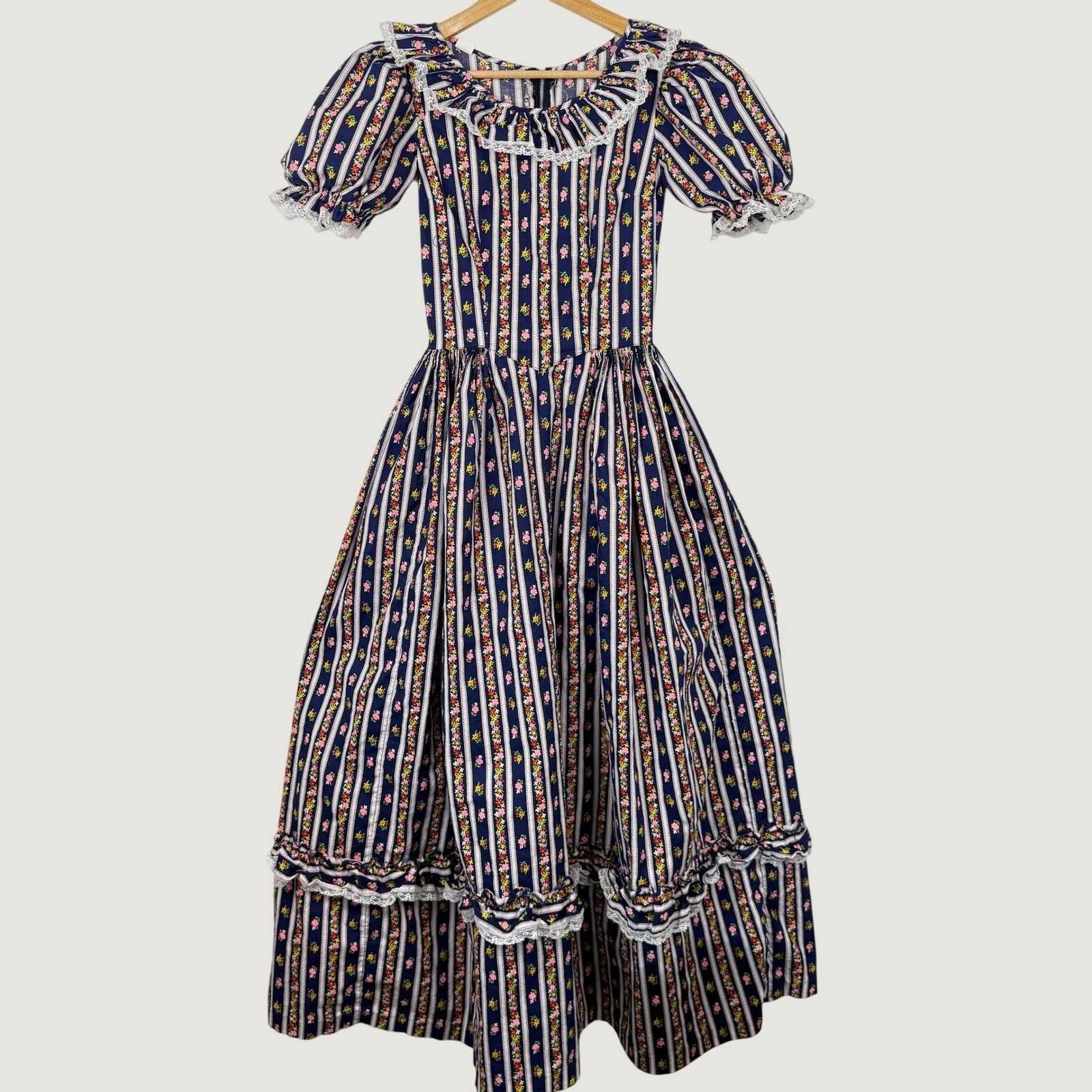 Vintage 70s Prairie Maxi Dress Womens XS Navy Floral Stripe Cottagecore