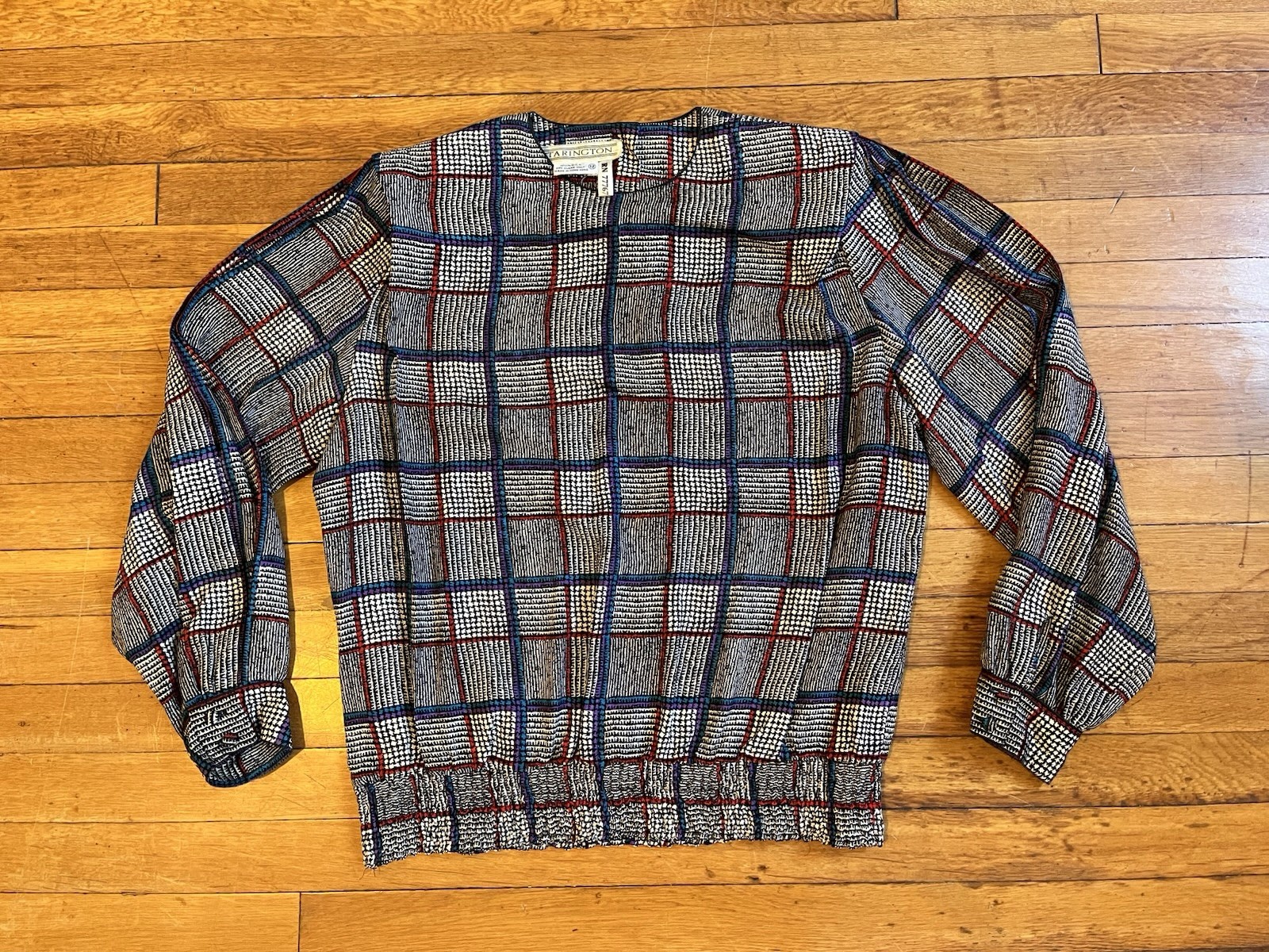 VINTAGE Starington Silk Blouse Skirt Scarf Set Women’s 12 Plaid Grey Blue 80s