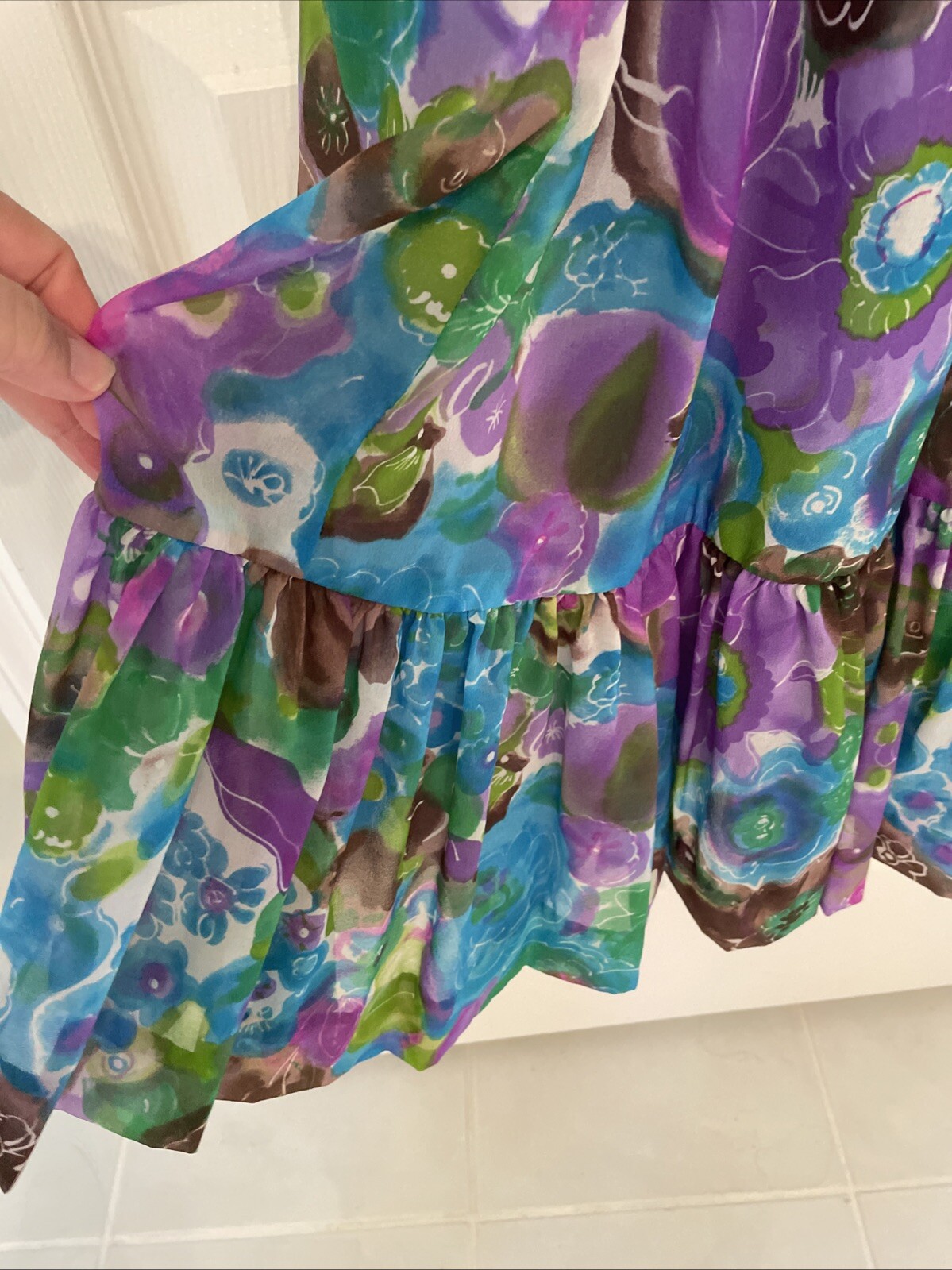 Vintage Floral Gown Blue Green Watercolor Chiffon Dress 60s 70s Size: XS S