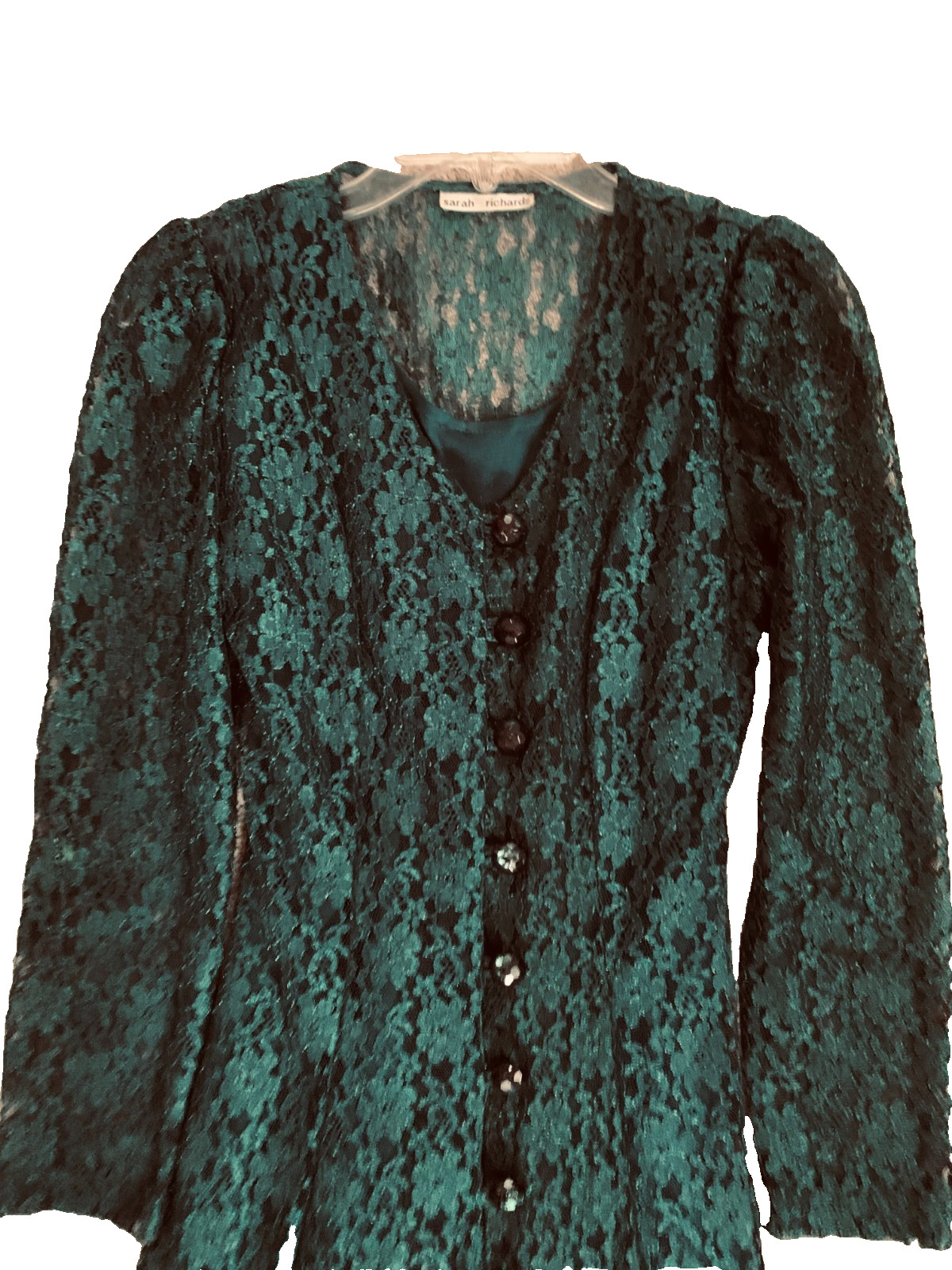Vtg Sarah Richards Hunter Green Midi Lace Holiday Wedding Cocktail size 7 READ