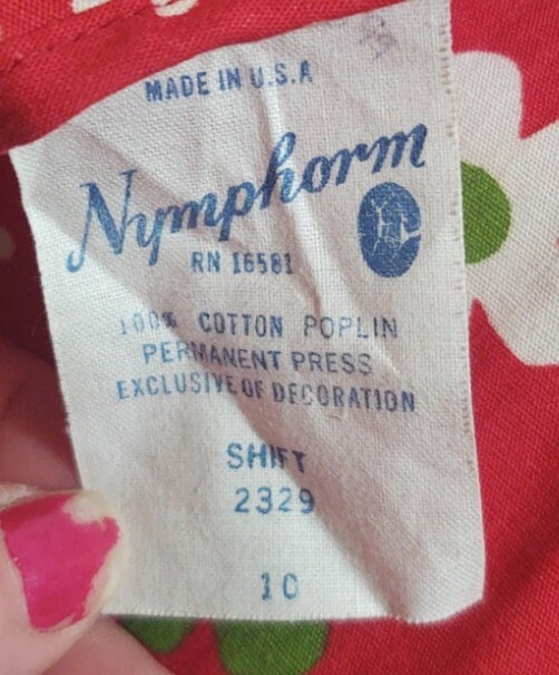 VTG NYMPHORM MOD RED COTTON SHIFT DRESS FLORAL sz 10 FABRIC BY MARBRO FABRICS