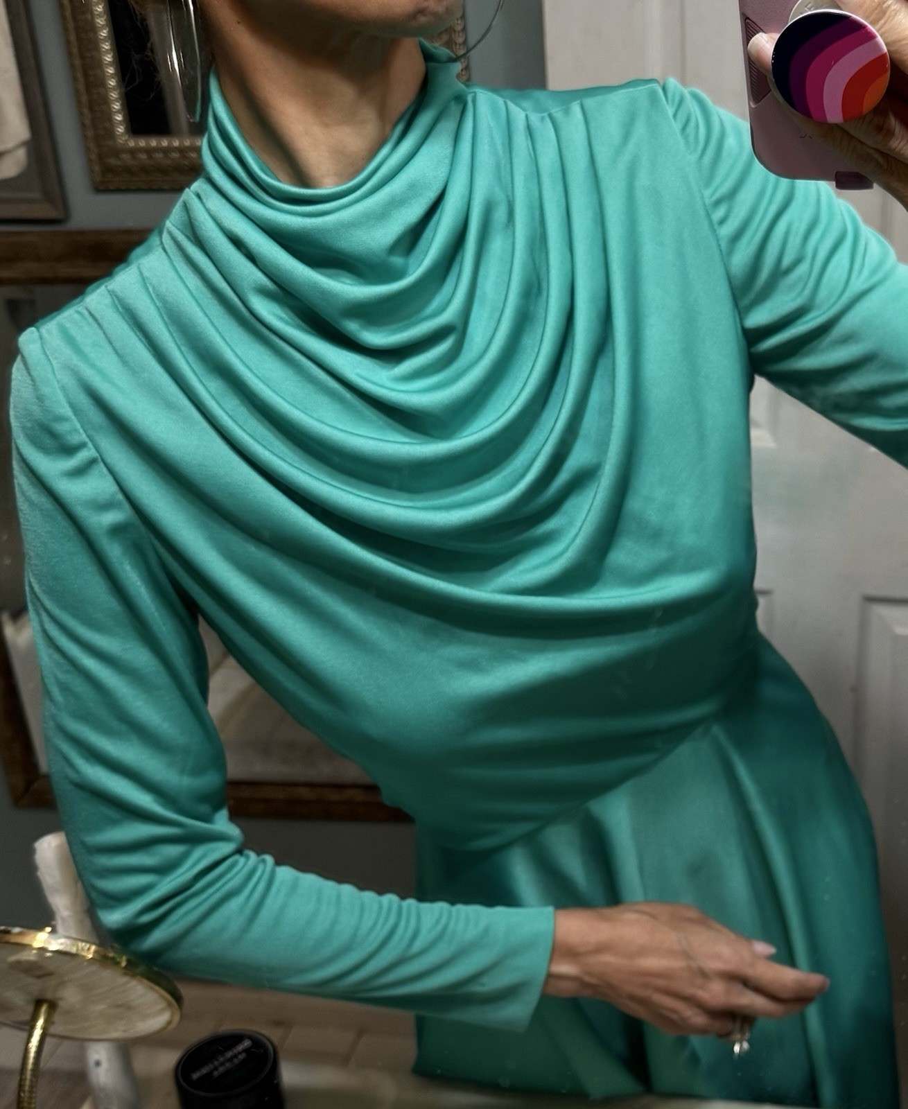 Vtg Lilli Diamond Green Cowl Grecian Draped Jersey Dress 60s Goddess LS XS S