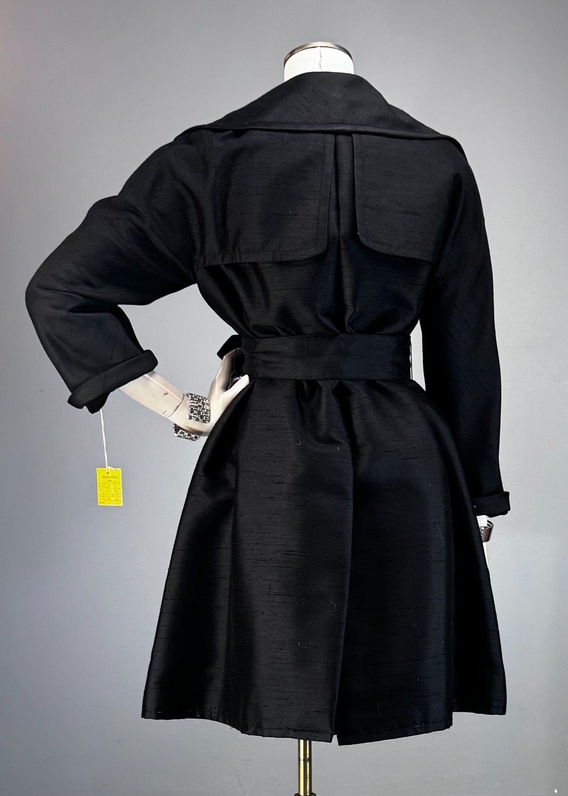 Vtg Coat 60s MOD Trench Wool Silk 3D Square Rhinestone Buttons Lasserre NOS NWT