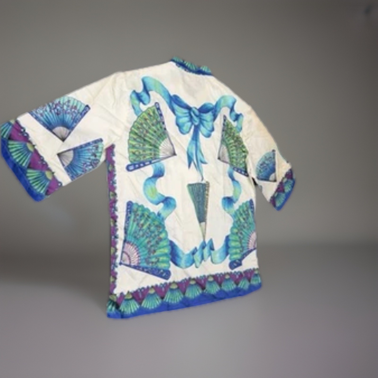VTG 60s 70s Japanese Cotton Fan Print Blouse Shirt Mod Boho S 32 NOS