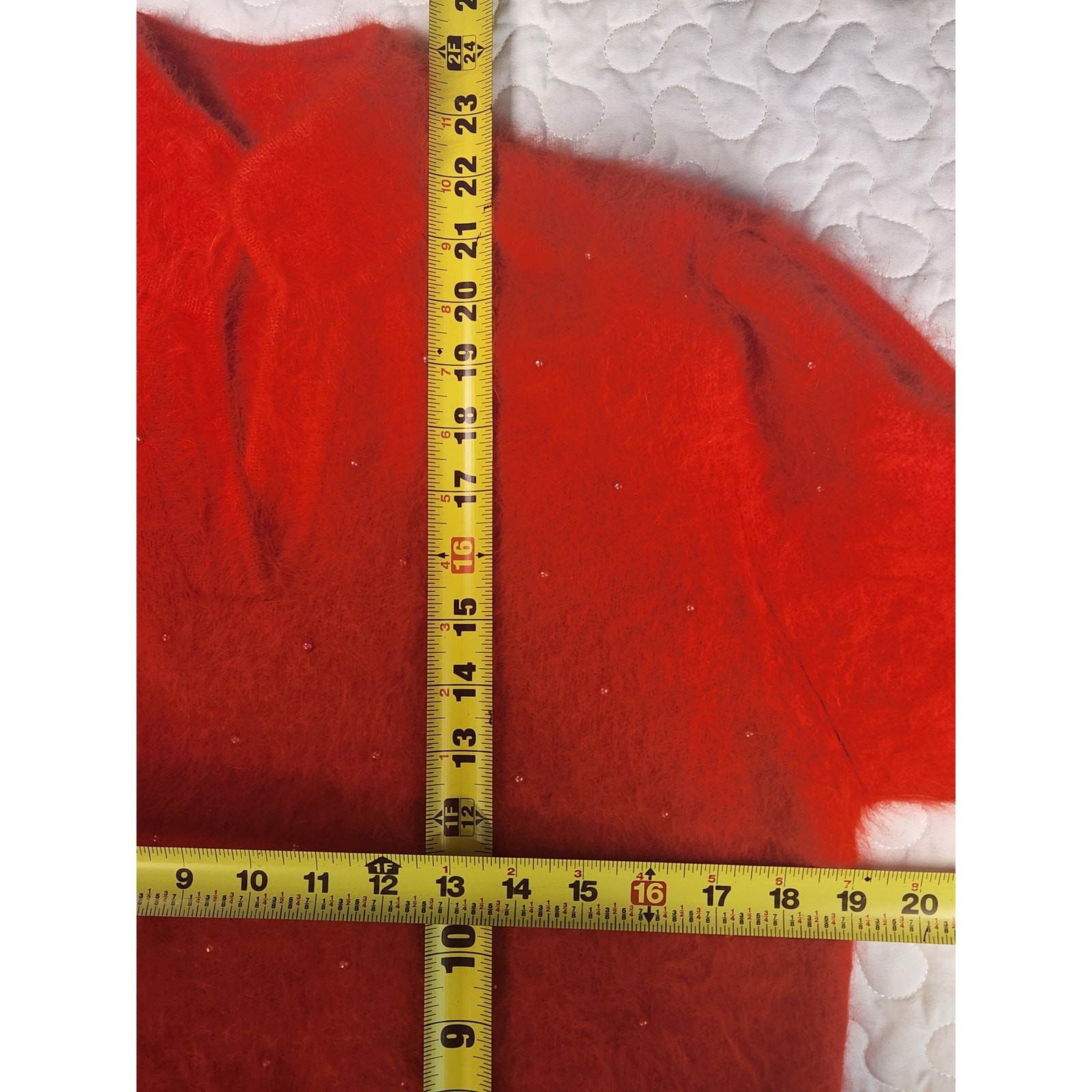 ANGORA Vtg TOMATO RED SWEATER Soft Bead Puff Sleeve Pullover Hi Neck Top M 38