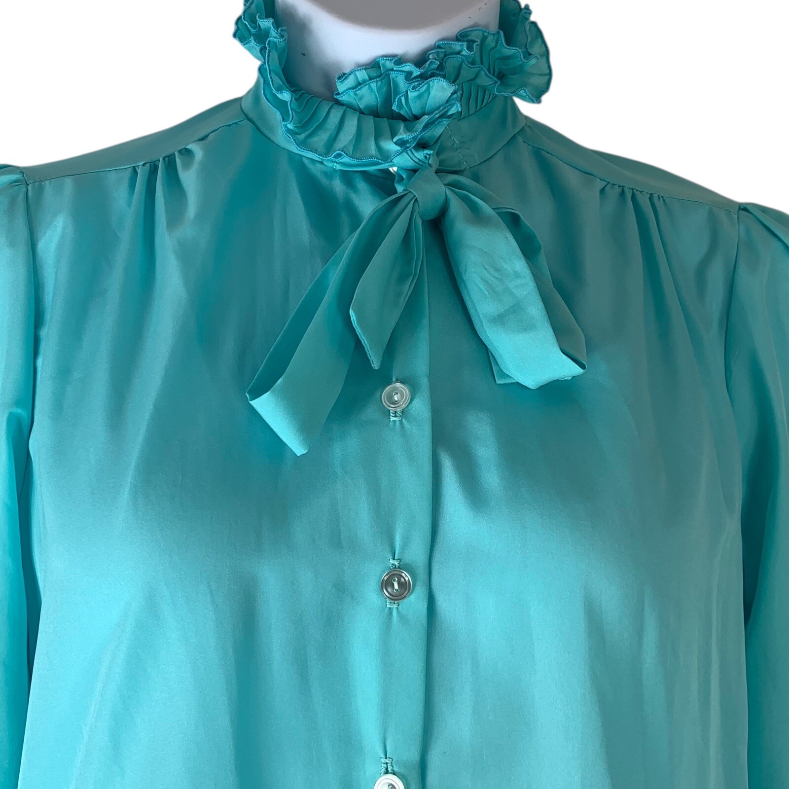 Vintage Blouse Size 10 Blue Button Front Tie Ruffled Neckline Copy Cats