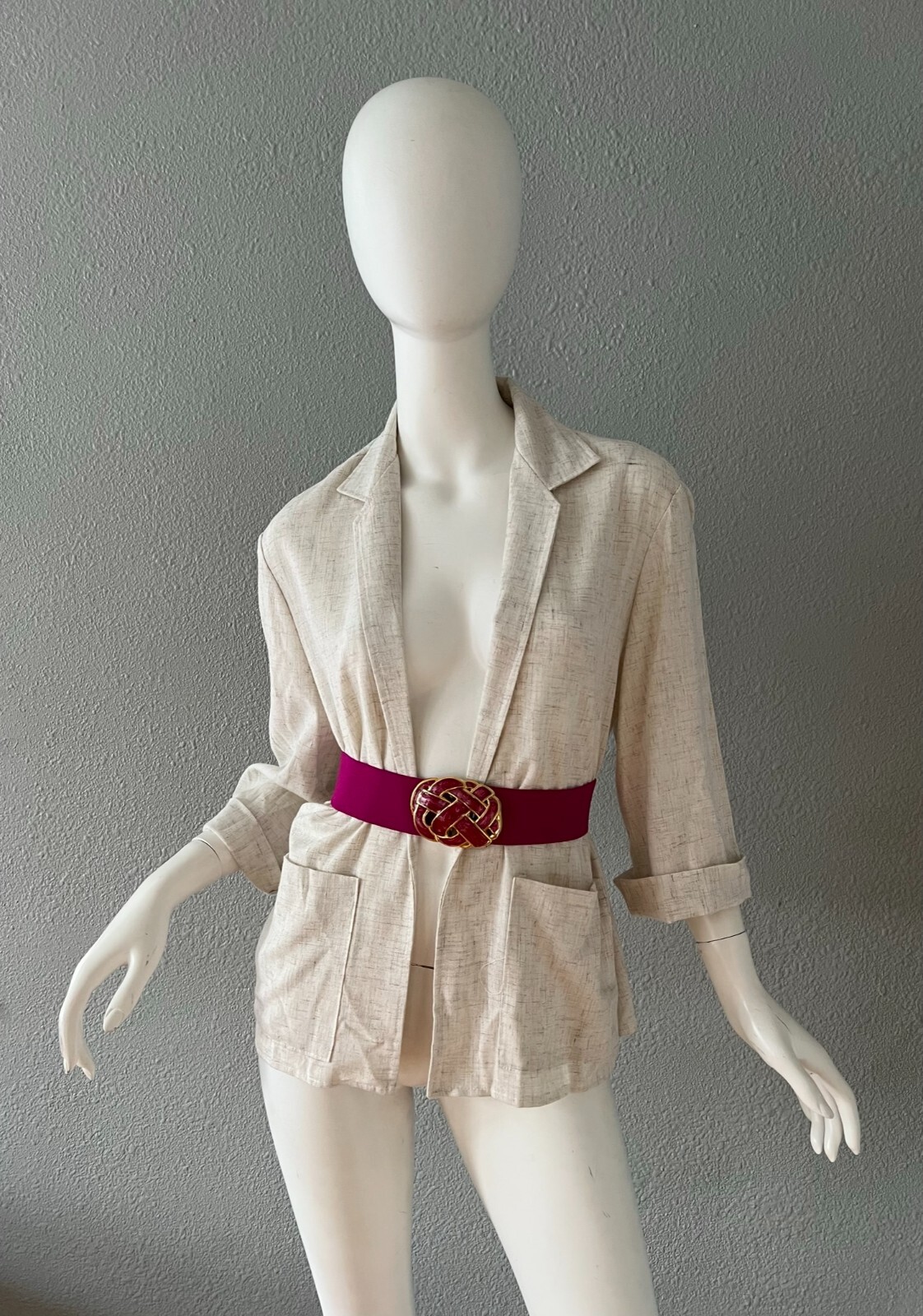 Vintage 70s Light Beige Oversized Thin Casual 3/4 Sleeve Open Blazer Jacket S