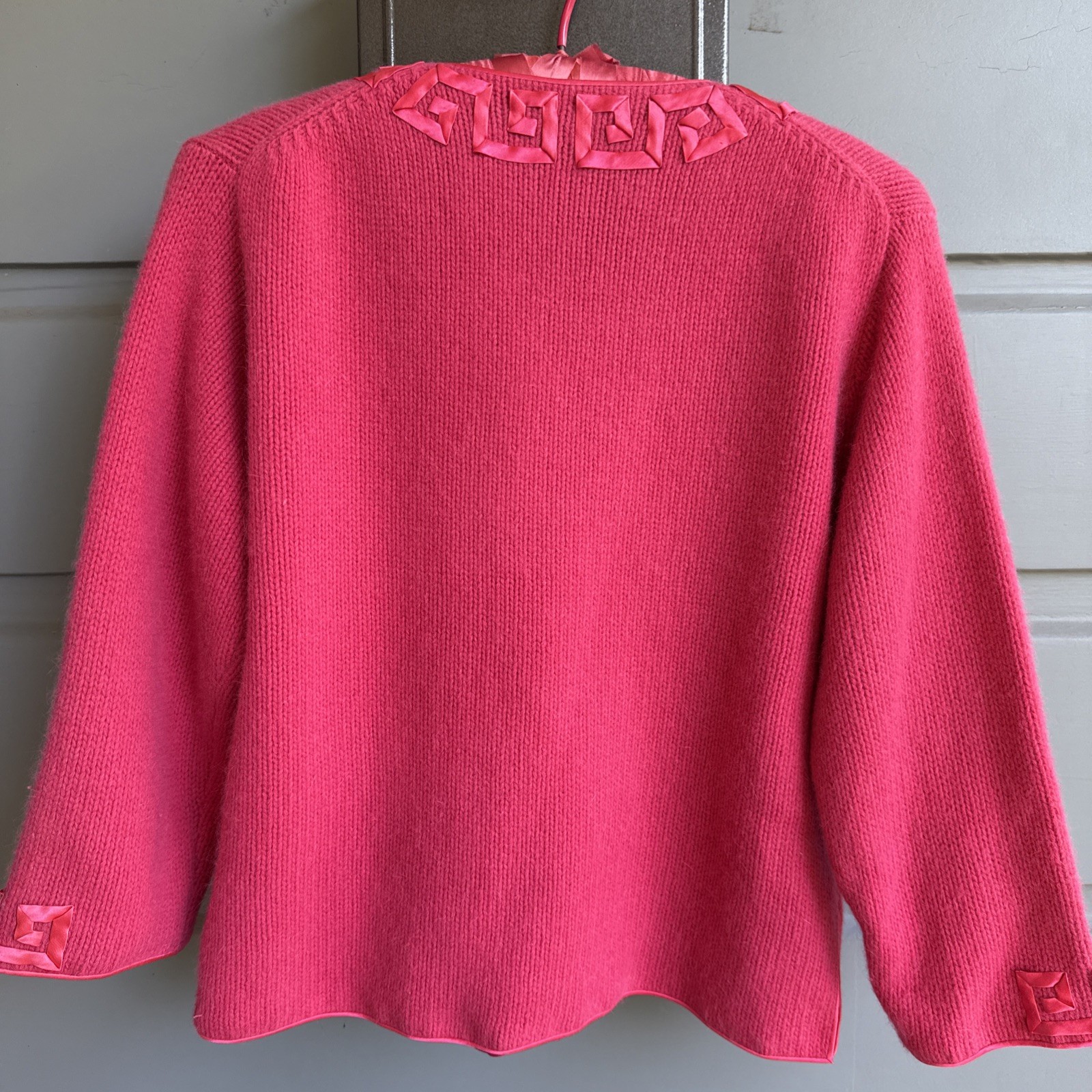 Vintage 60s Pink Angora Cardigan- Hand Trimmed W Satin- Hong Kong- Size 40