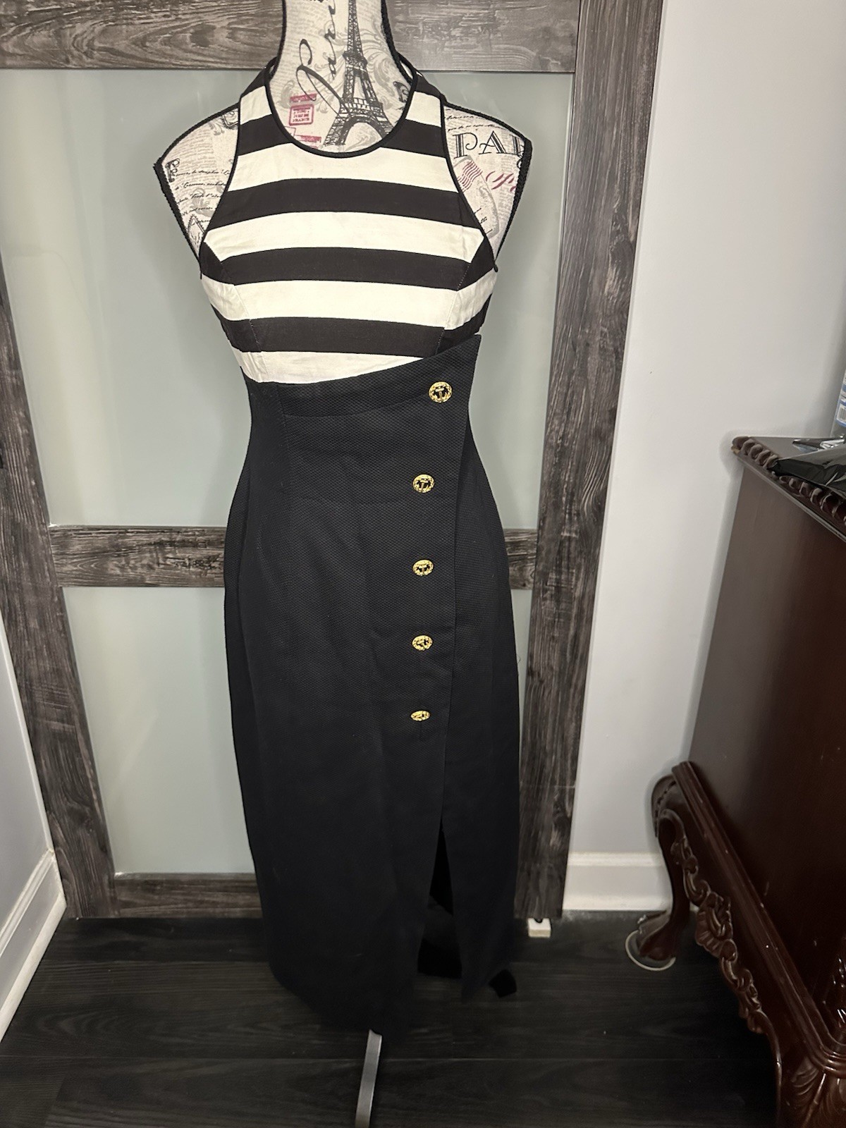 Vintage Linda Segal Navy White Stripe Modi Dress With Anchor Buttons