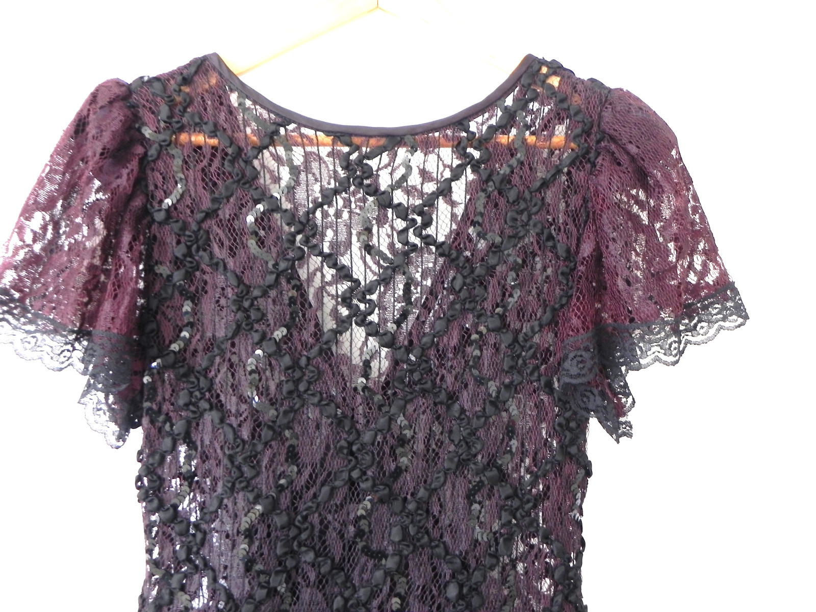Vtg HW Collections Lace Dress Burgundy/Black Open Back Fit-Flared Size S/M