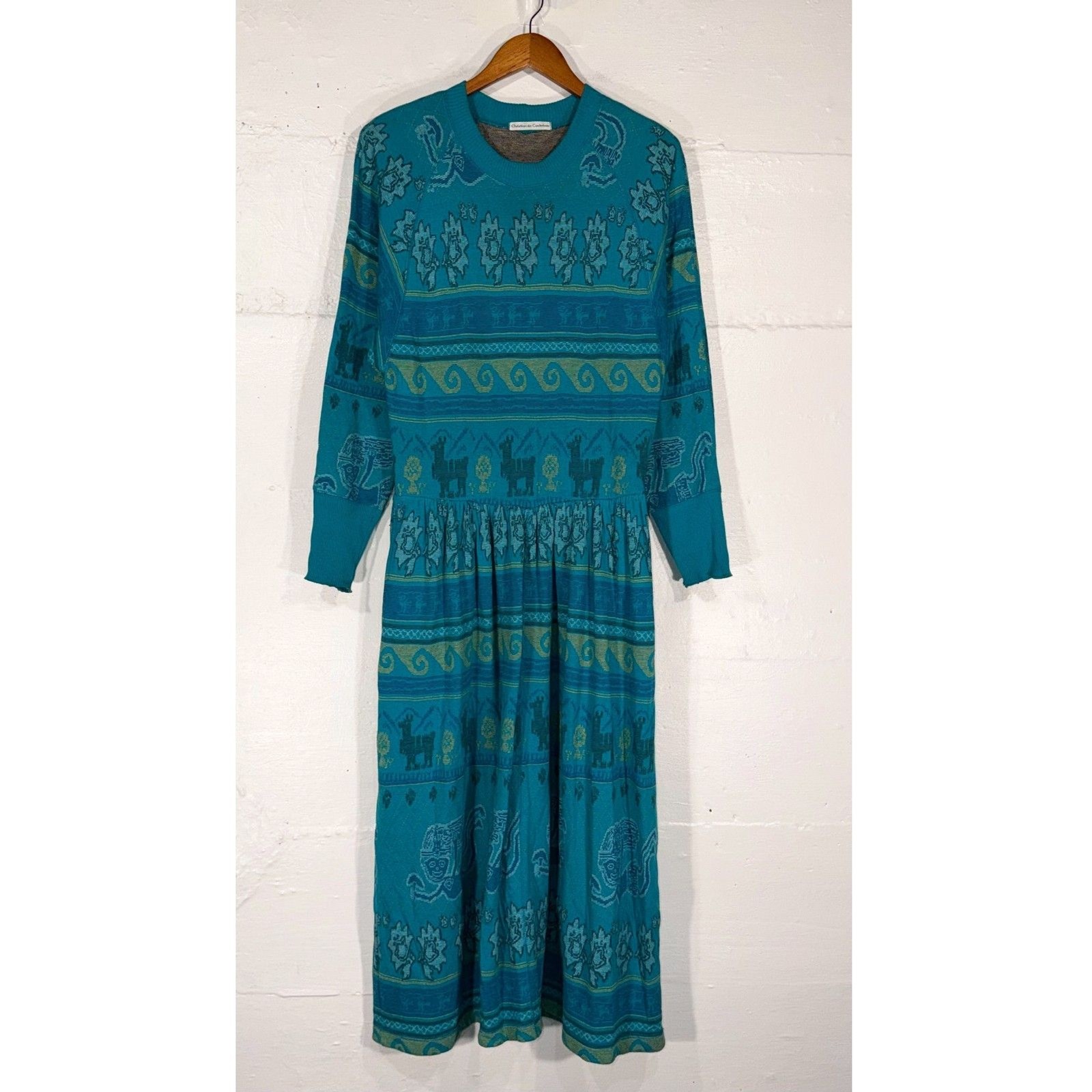 Vintage Christian de Castelnau Teal Cotton Maxi Sweatshirt Dress M Folk USA