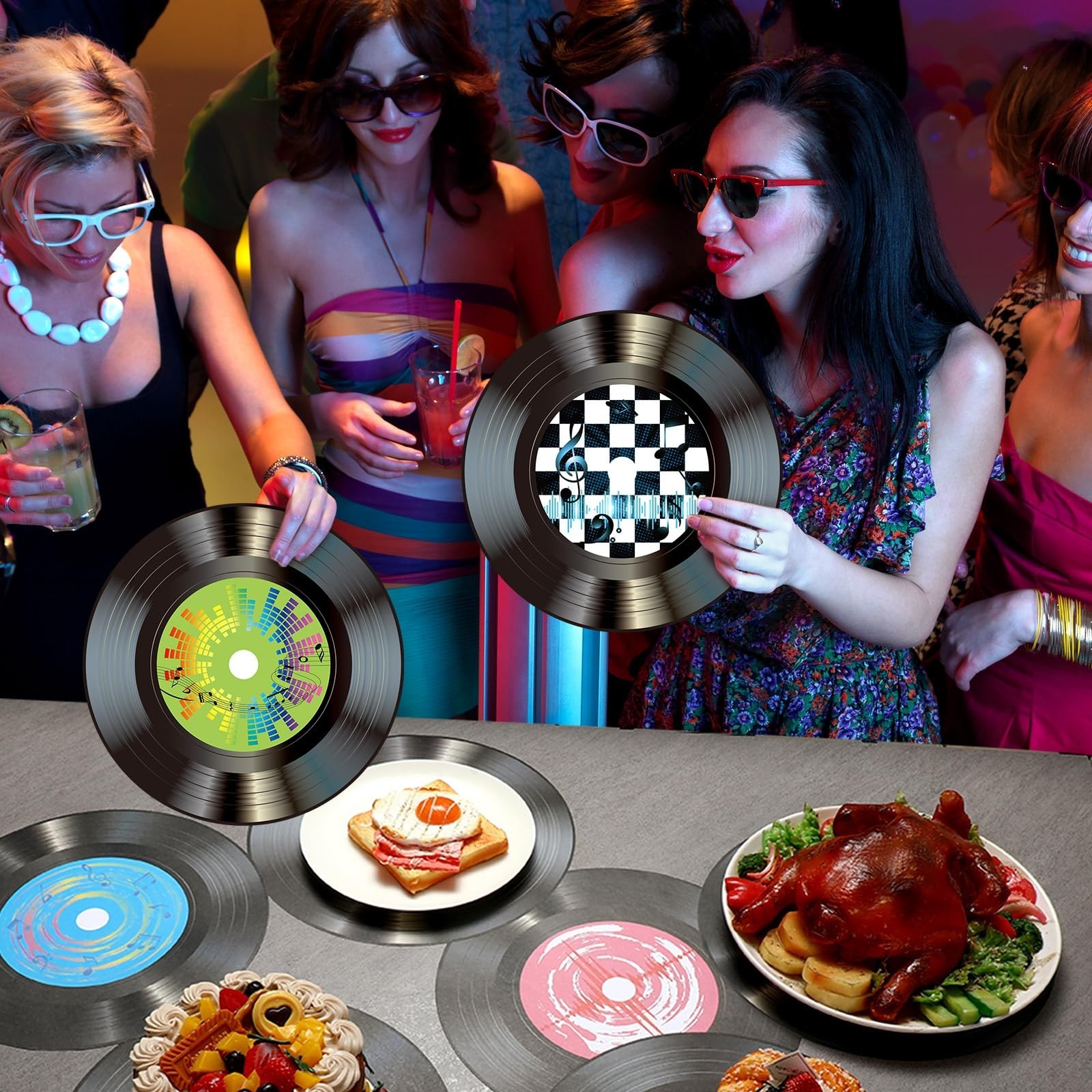 FillTouch 60 Pcs 13” 1950’s Rock and Roll Vinyl Record Placemat Vintage Musi…