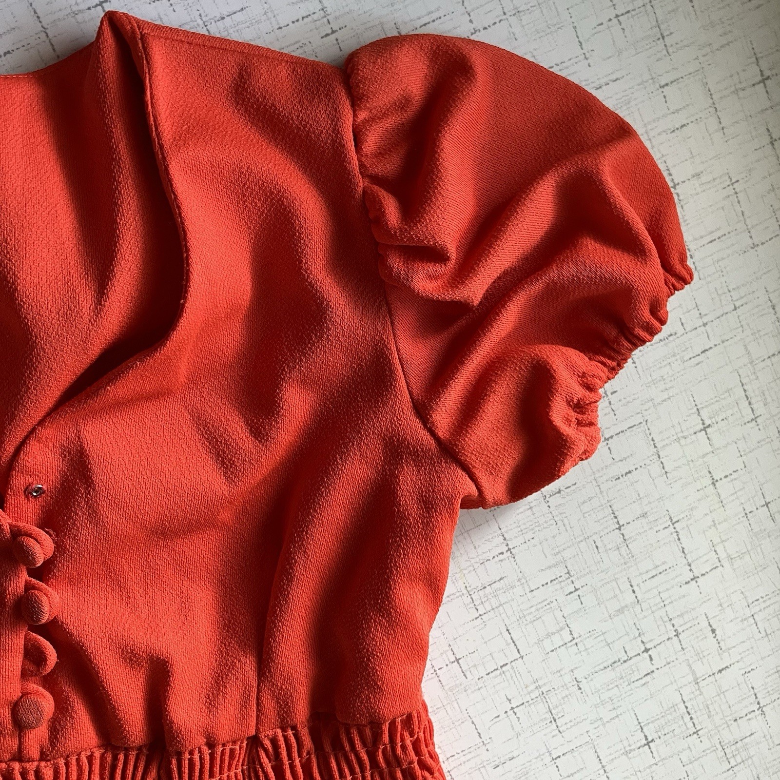 Vtg 60’s Short Red Dress Puff Sleeve Gathered Bodice Back Zipper sz s/m